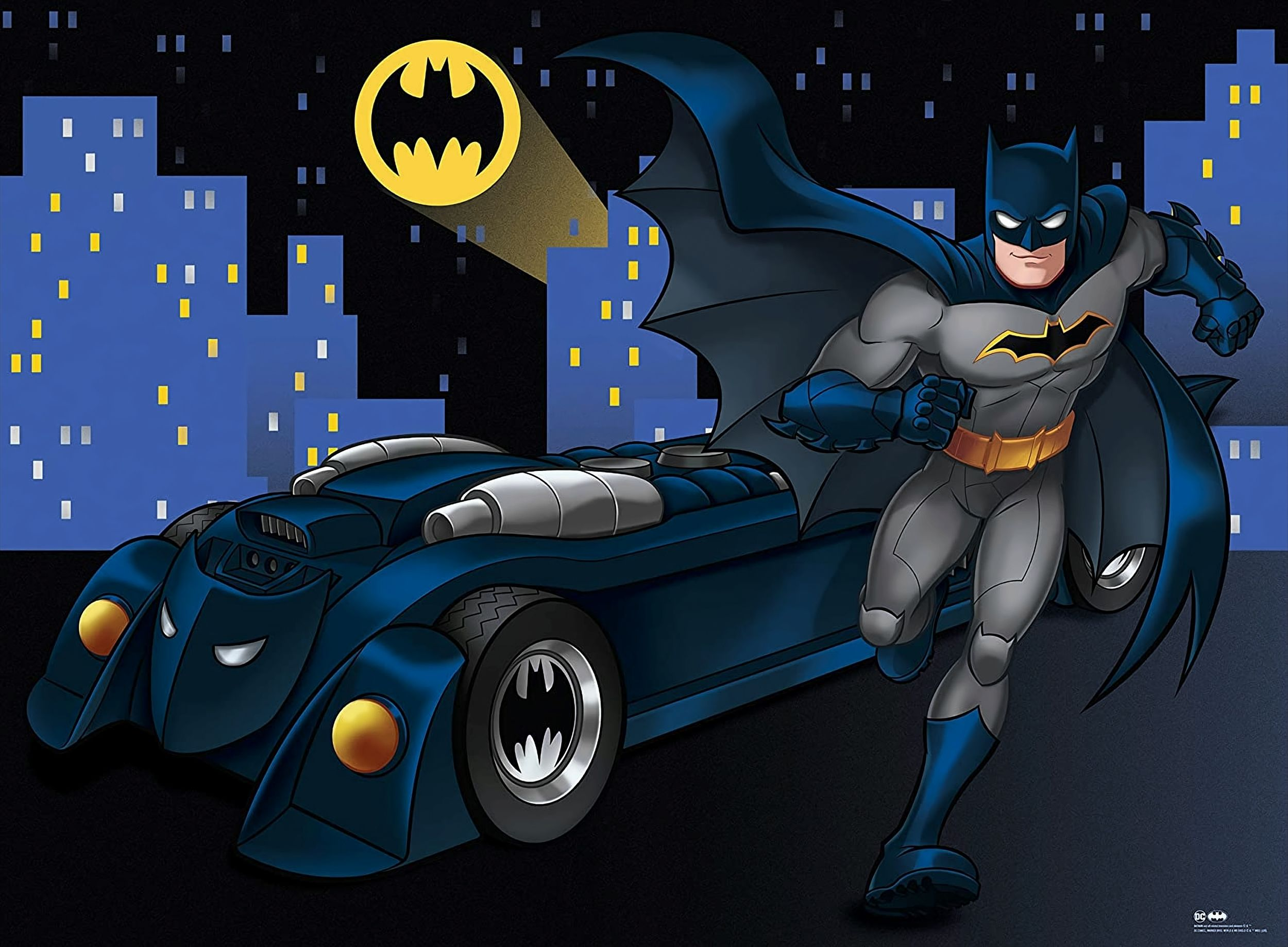 Batman corre con Batmobile, sfondo di notte della città, Bat-segnale.