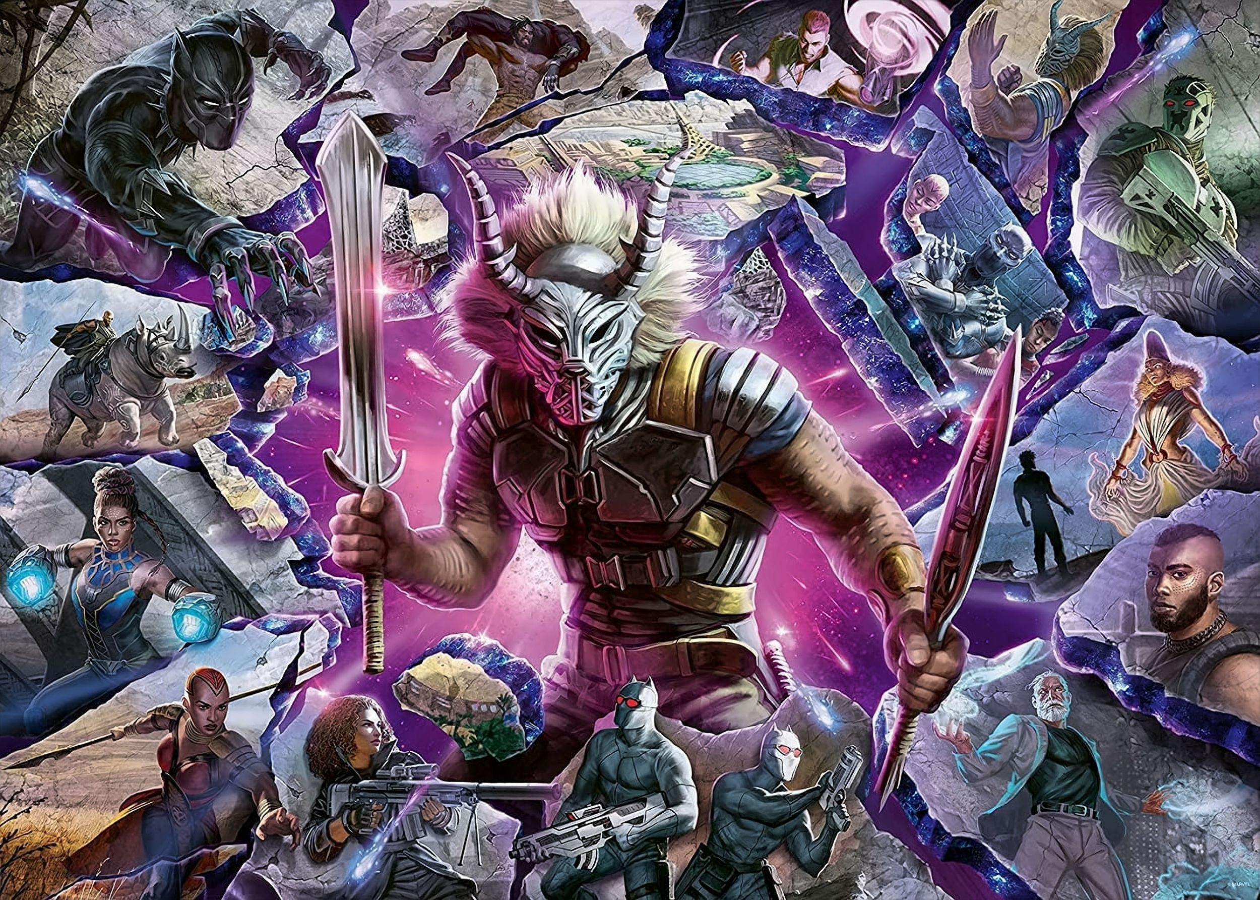 Puzzle Marvel Villainous z wieloma postaciami, w tym Killmongerem w centrum.