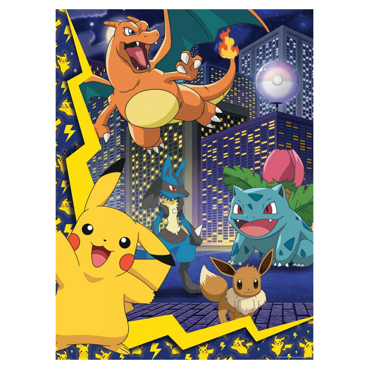 Puzzle Pokemon z Pikachu, Charizardem i innymi postaciami w mieście w nocy. Błyskawice i krajobraz miejski.