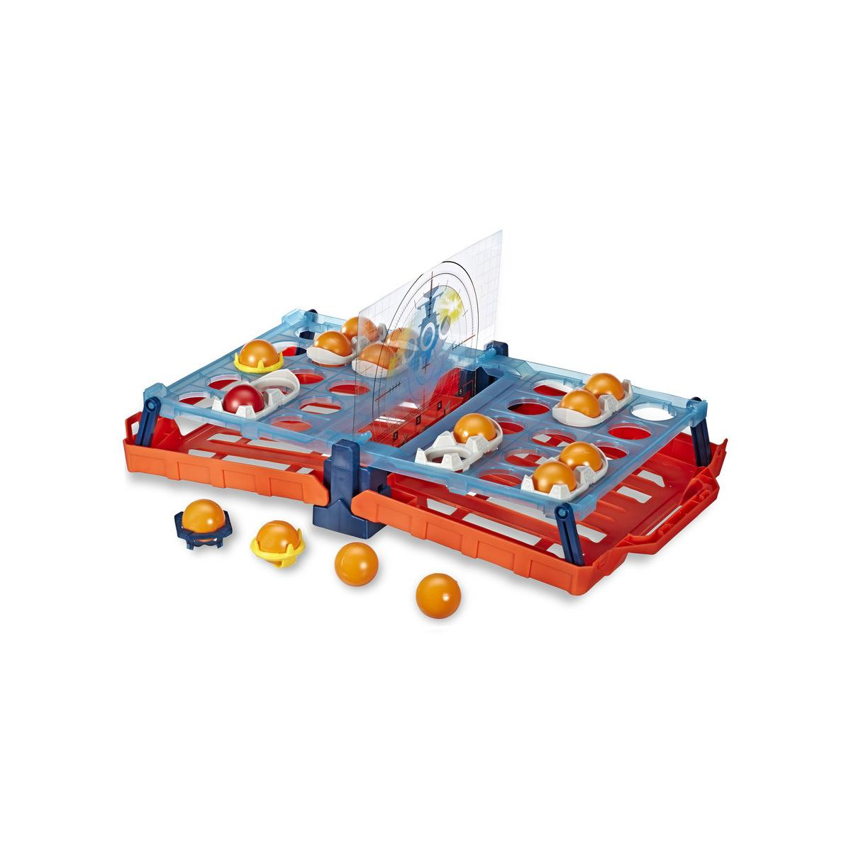 Gra planszowa z pomarańczowymi kulkami i czerwonymi, niebieskimi i pomarańczowymi strukturami. Ma przezroczysty fragment.