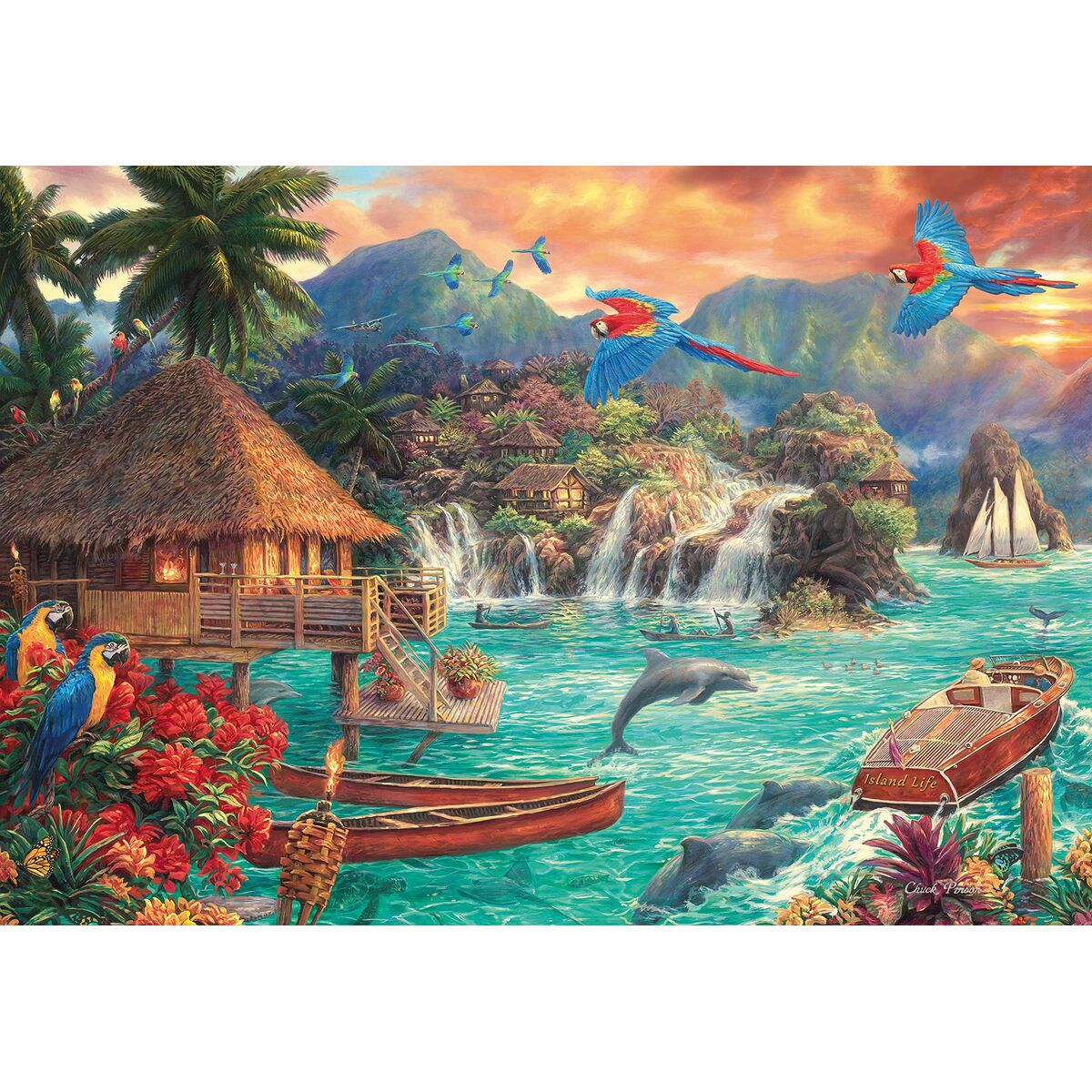 Farbenfrohes Puzzlebild einer tropischen Insel mit Papageien, Booten, Wasserfällen und einem Sonnenuntergangshimmel.