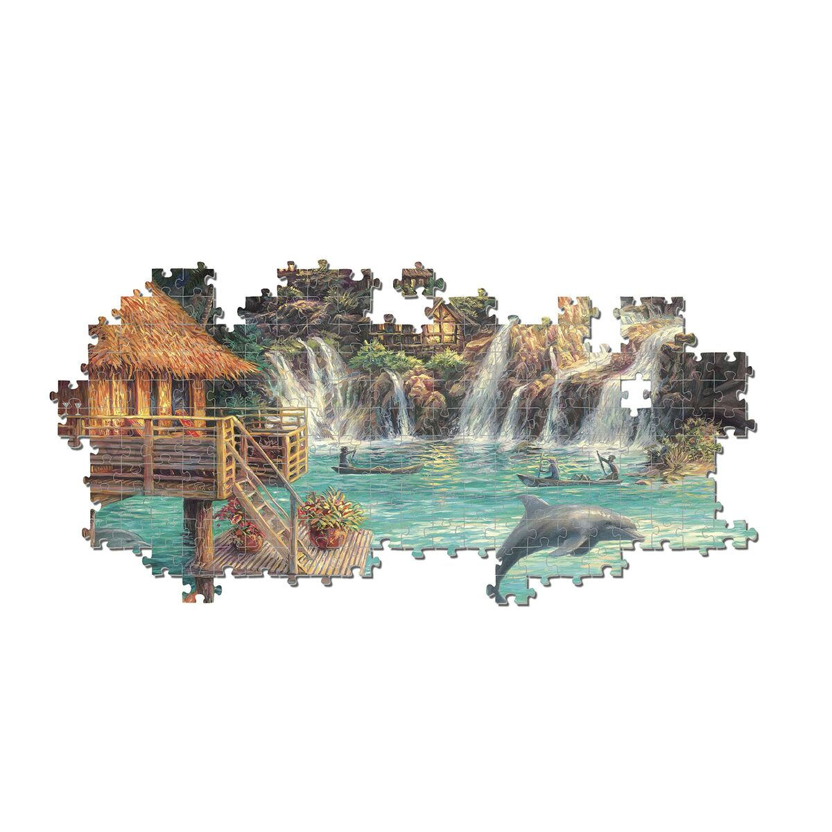 Puzzle einer tropischen Szene. Wasserfälle, Bäume, Delfine, eine Hütte. Weißer Hintergrund.