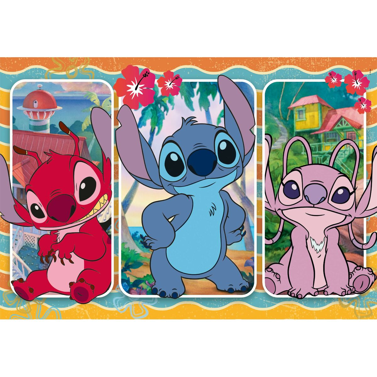 Obrazek z kreskówki z trzema postaciami Stitch: Czerwonym, Niebieskim i Różowym. Tropikalne tło.