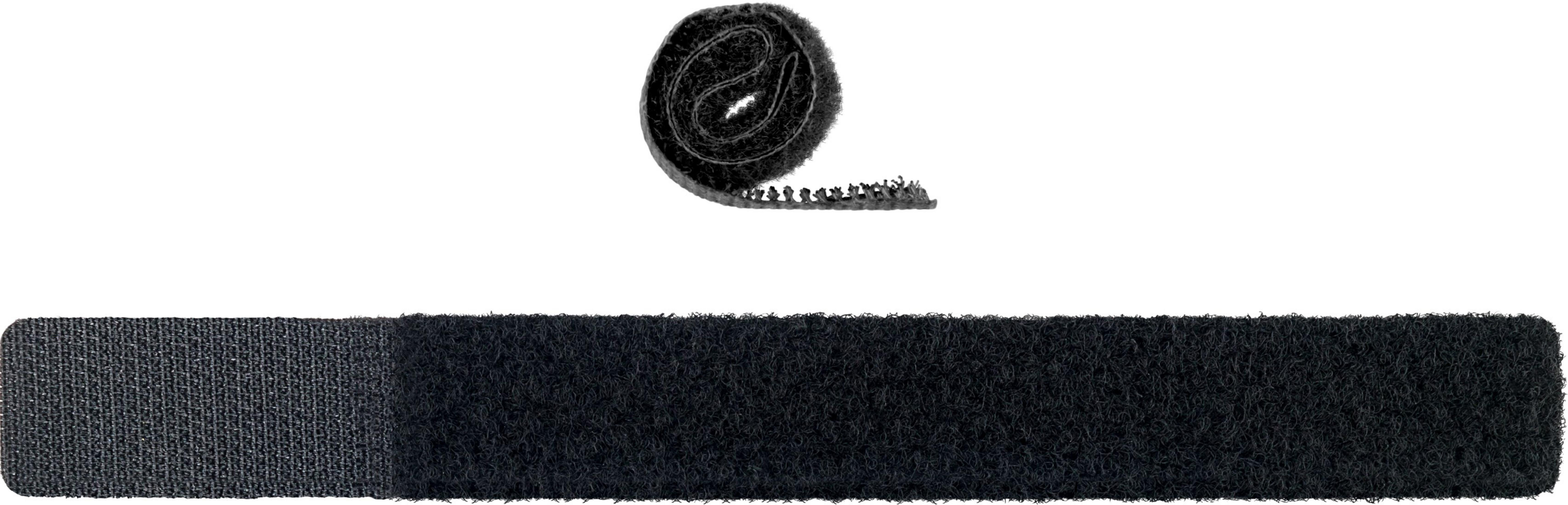 Zwei schwarze Klettbänder. Eines aufgerollt, das andere lang und flach, beide vor weißem Hintergrund.