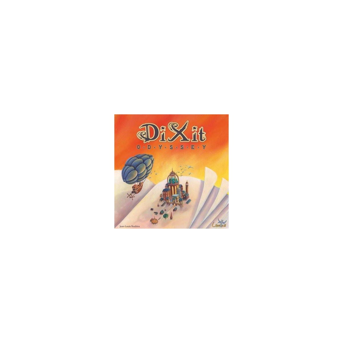Dixit Odyssey gamebox toont een luchtschip boven een fantastisch landschap. De titel staat boven de illustratie.