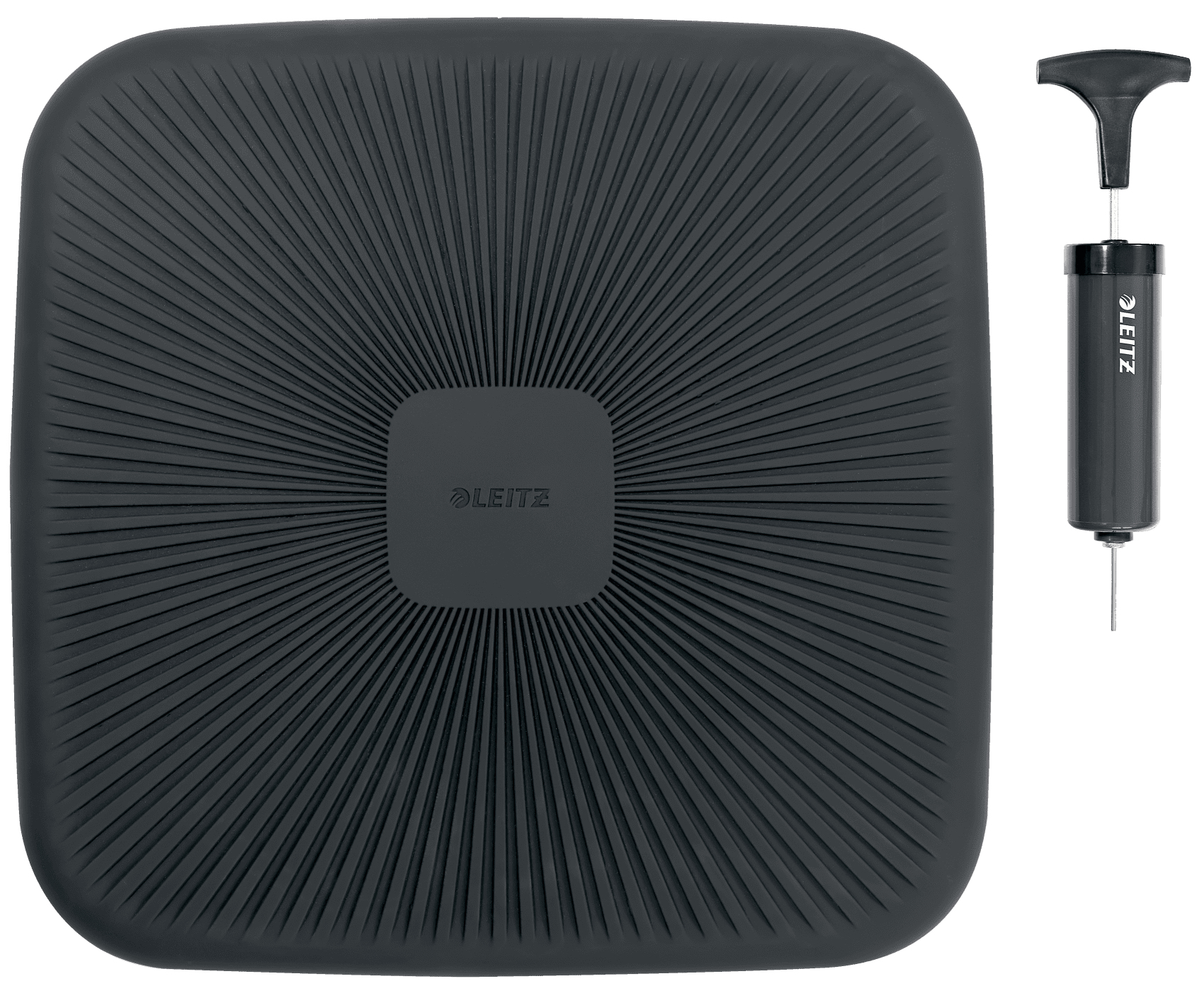 Ciemnoszara poduszka Leitz z żebrowaną powierzchnią i pompką, na białym tle.