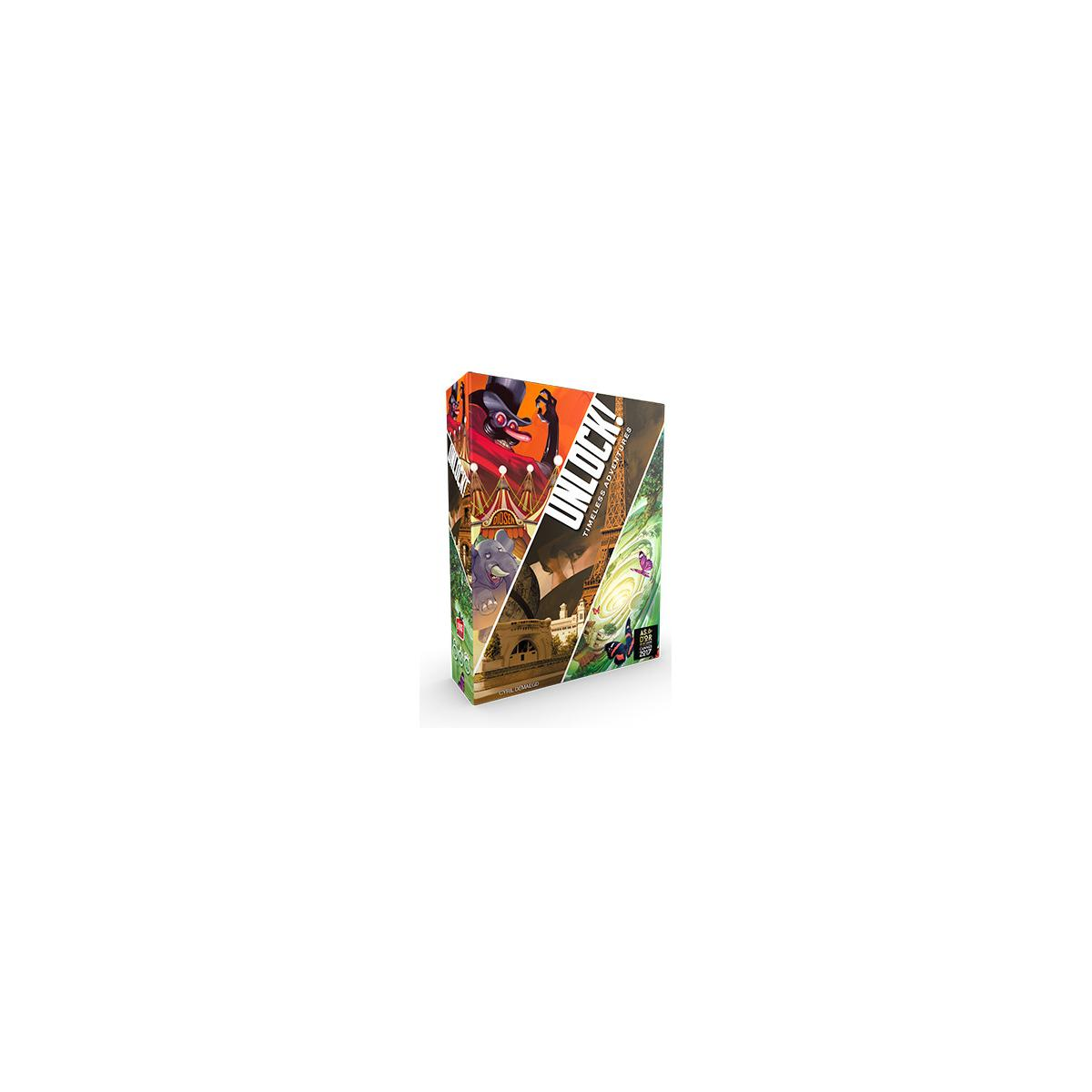 Una scatola di gioco da tavolo con un design colorato che dice Unlock! Escape Adventures.
