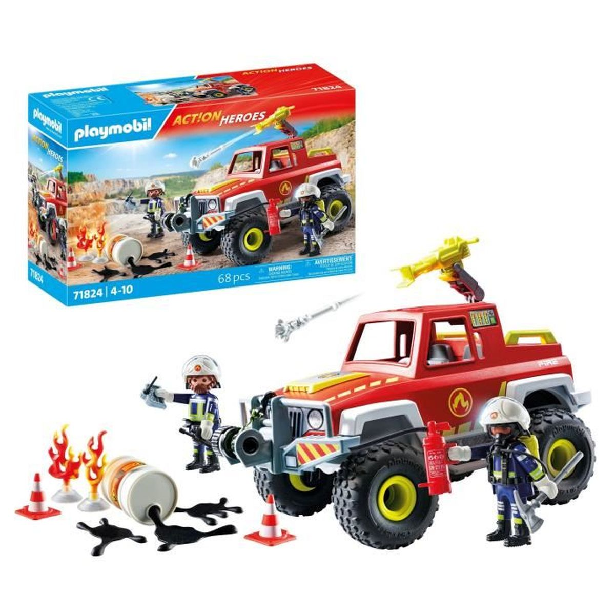 Zestaw zabawek Playmobil z czerwonym wozem strażackim, figurkami, płomieniami i pudełkiem pokazującym zestaw.