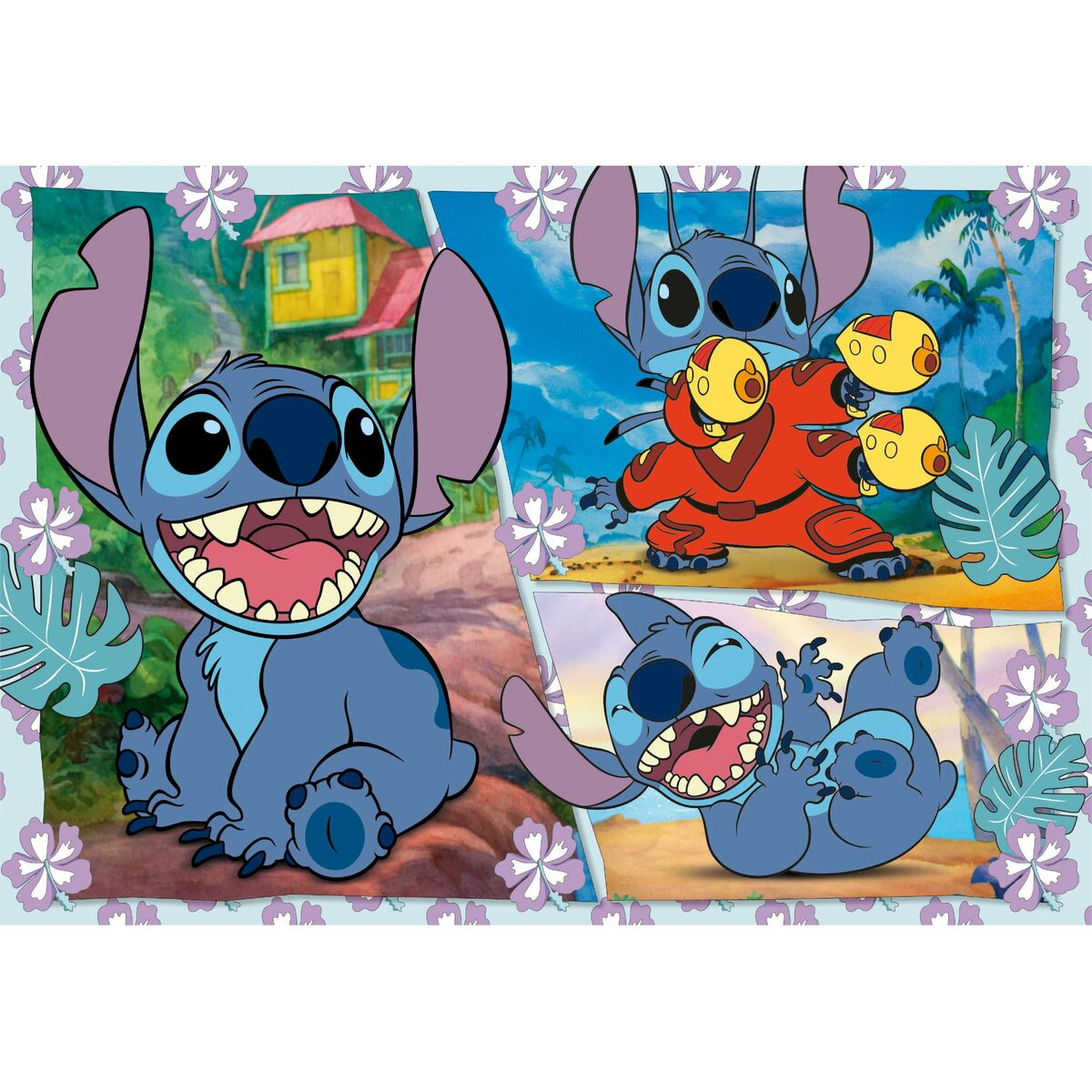 Stitch z Lilo & Stitch w formie kreskówki, uśmiechnięty i w różnych pozach na tle kwiatowym.