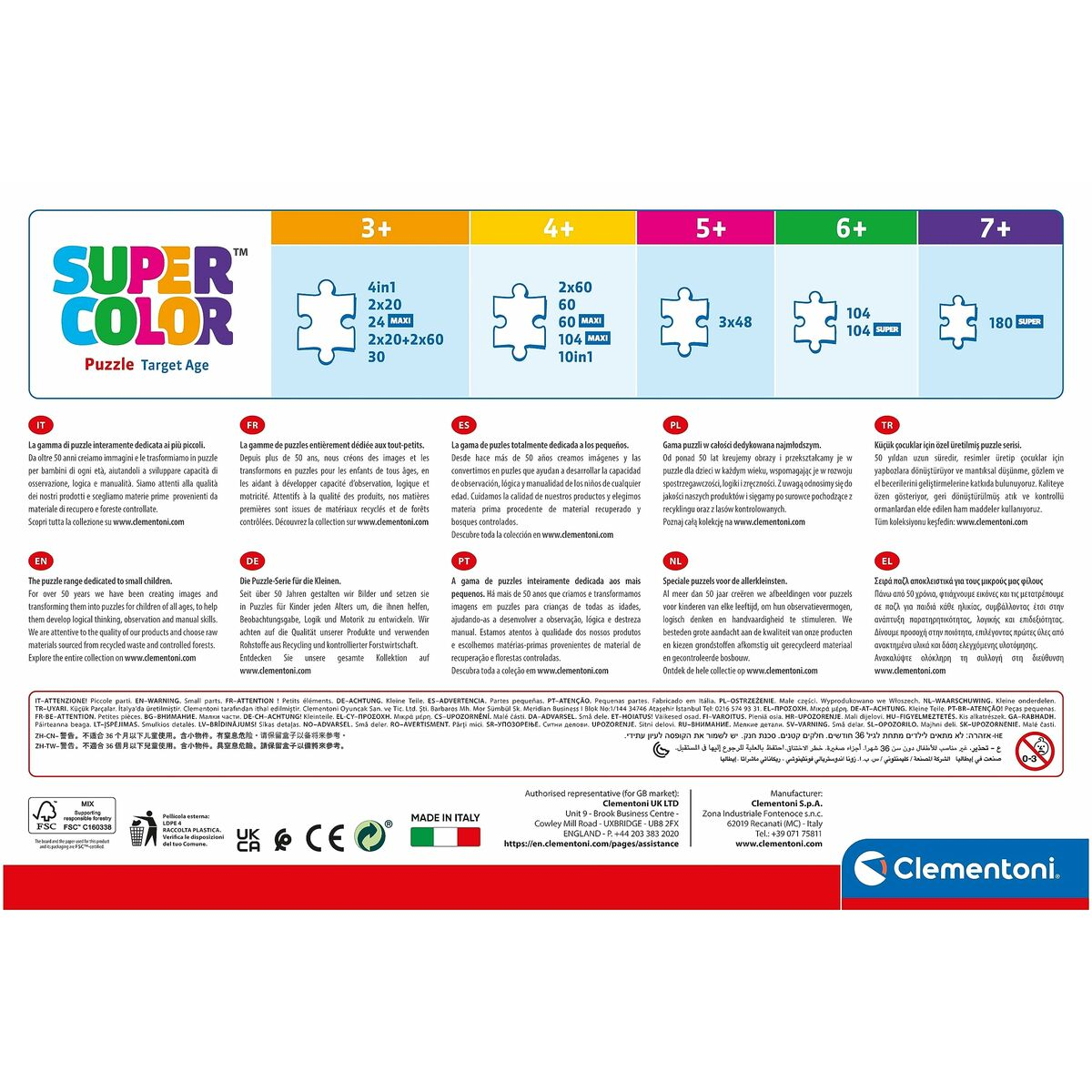 Pudełko z puzzlami z tekstem w wielu językach i przykładami elementów układanki.