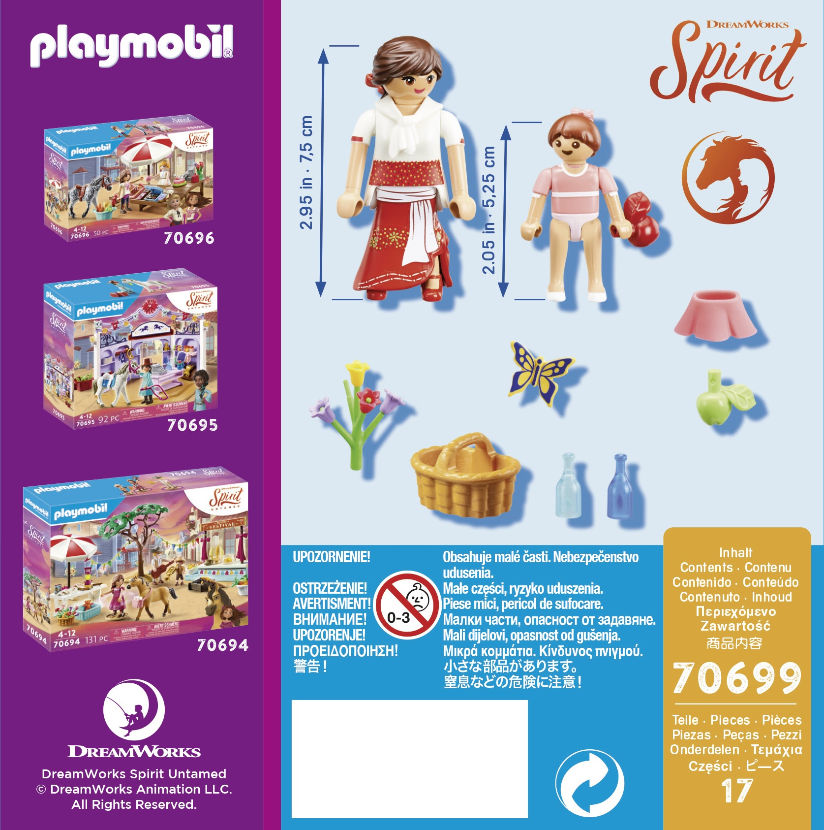 Zestaw Playmobil DreamWorks Spirit z lalką, akcesoriami i tłem z motywem koni.
