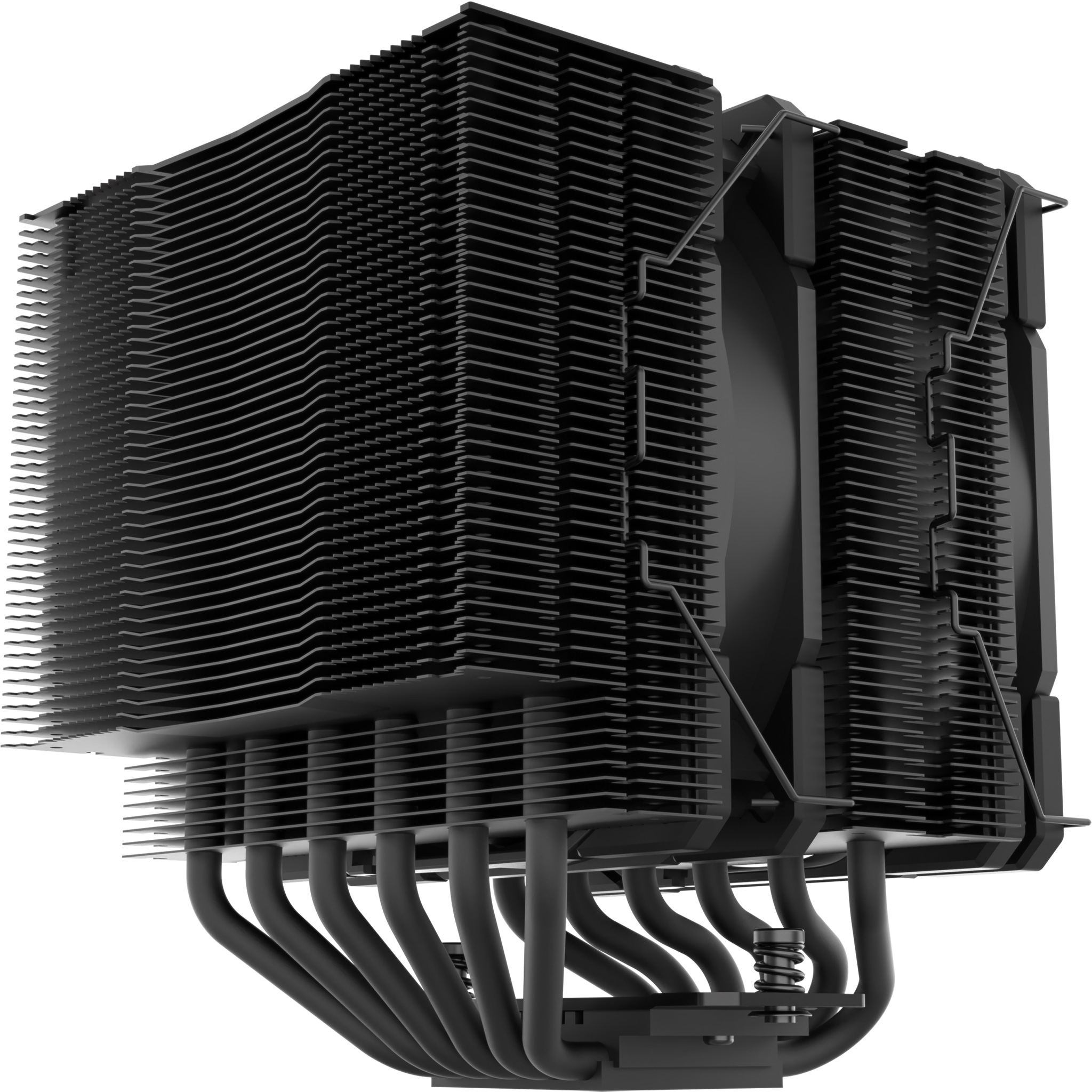 Black computer fan and heat sink. White background.