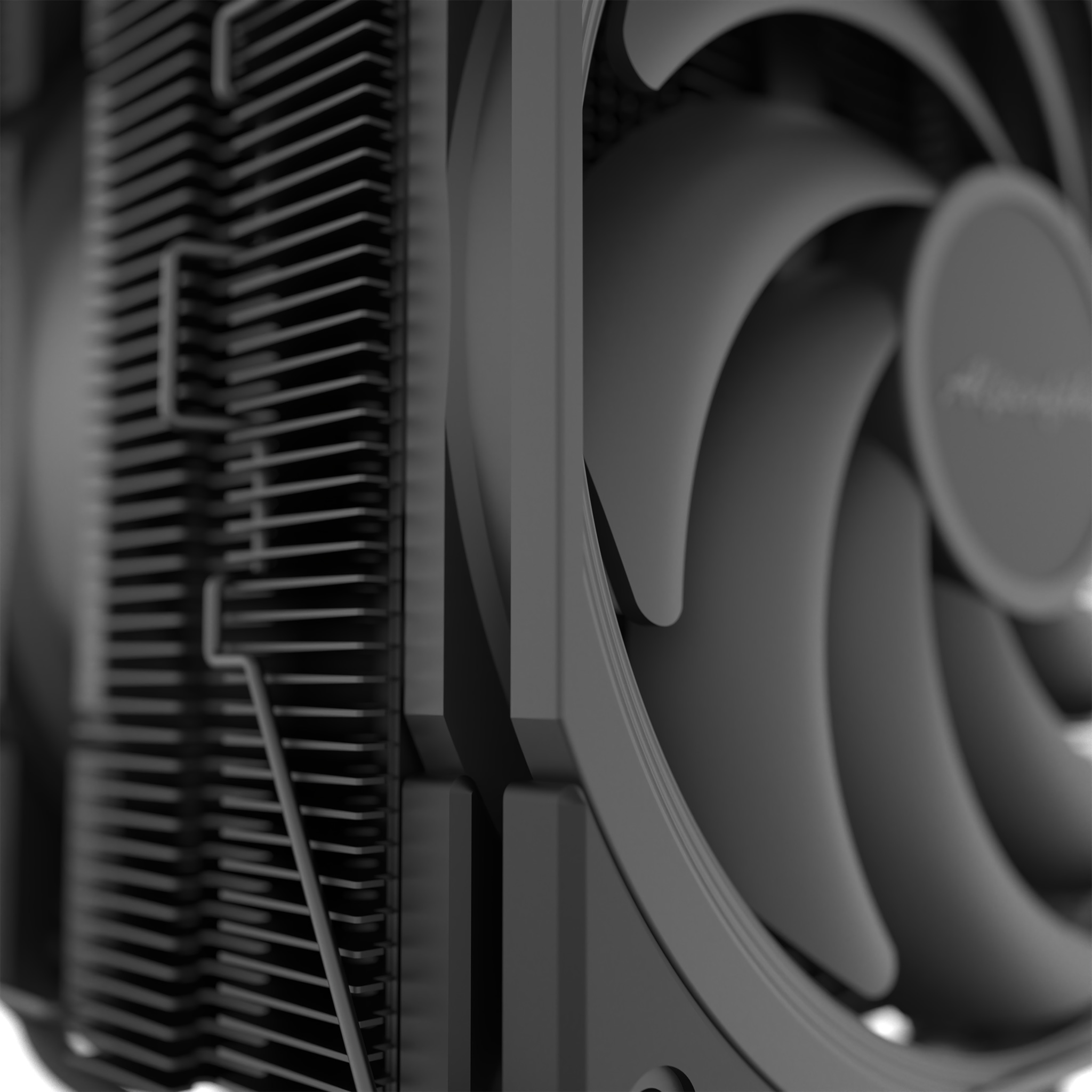 Close-up of a black CPU cooler with fins and a fan. The fan has curved blades.