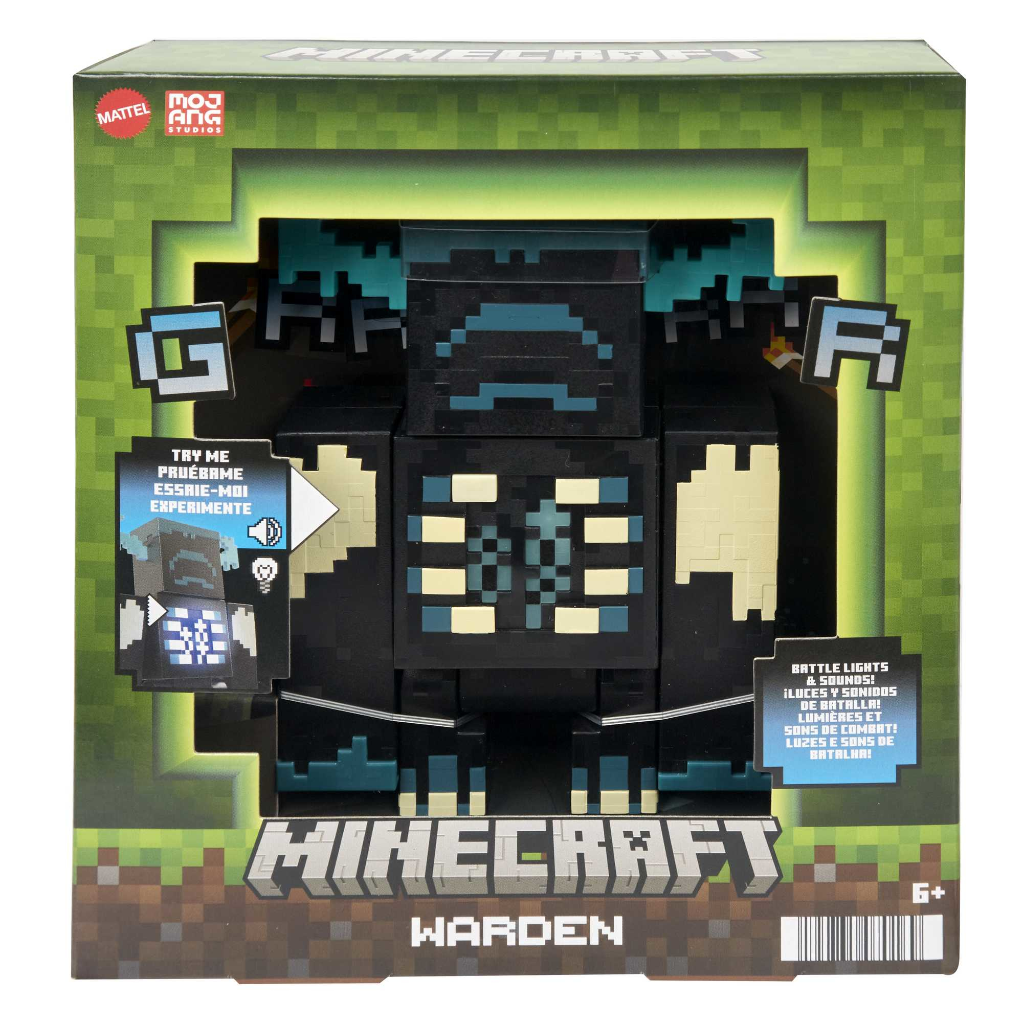 Caja de arte Minecraft Warden, un juguete Warden negro y azul, sobre un fondo pixelado verde.