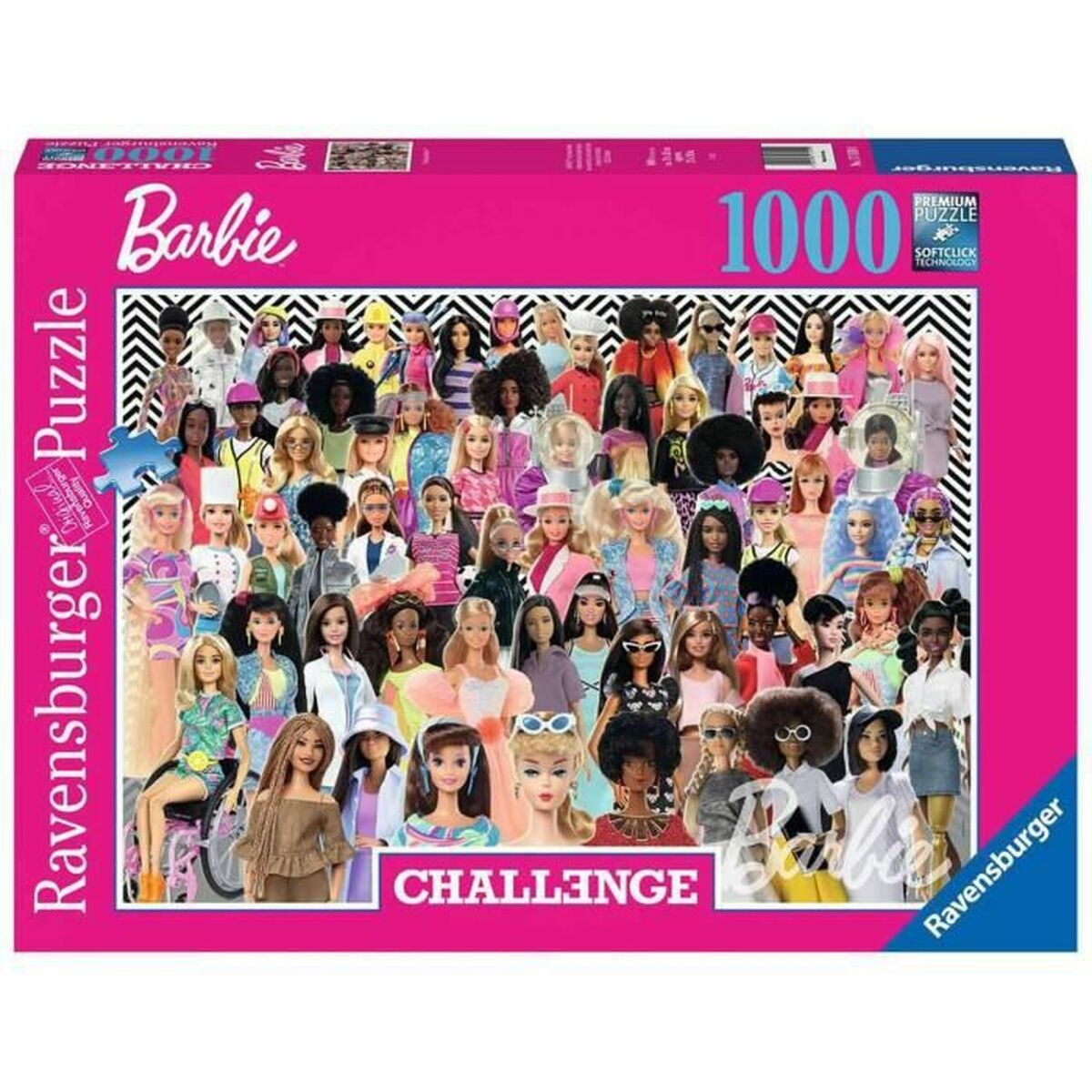 Pudełko z puzzlami Barbie z wieloma lalkami, różowym tłem i logo Ravensburger.