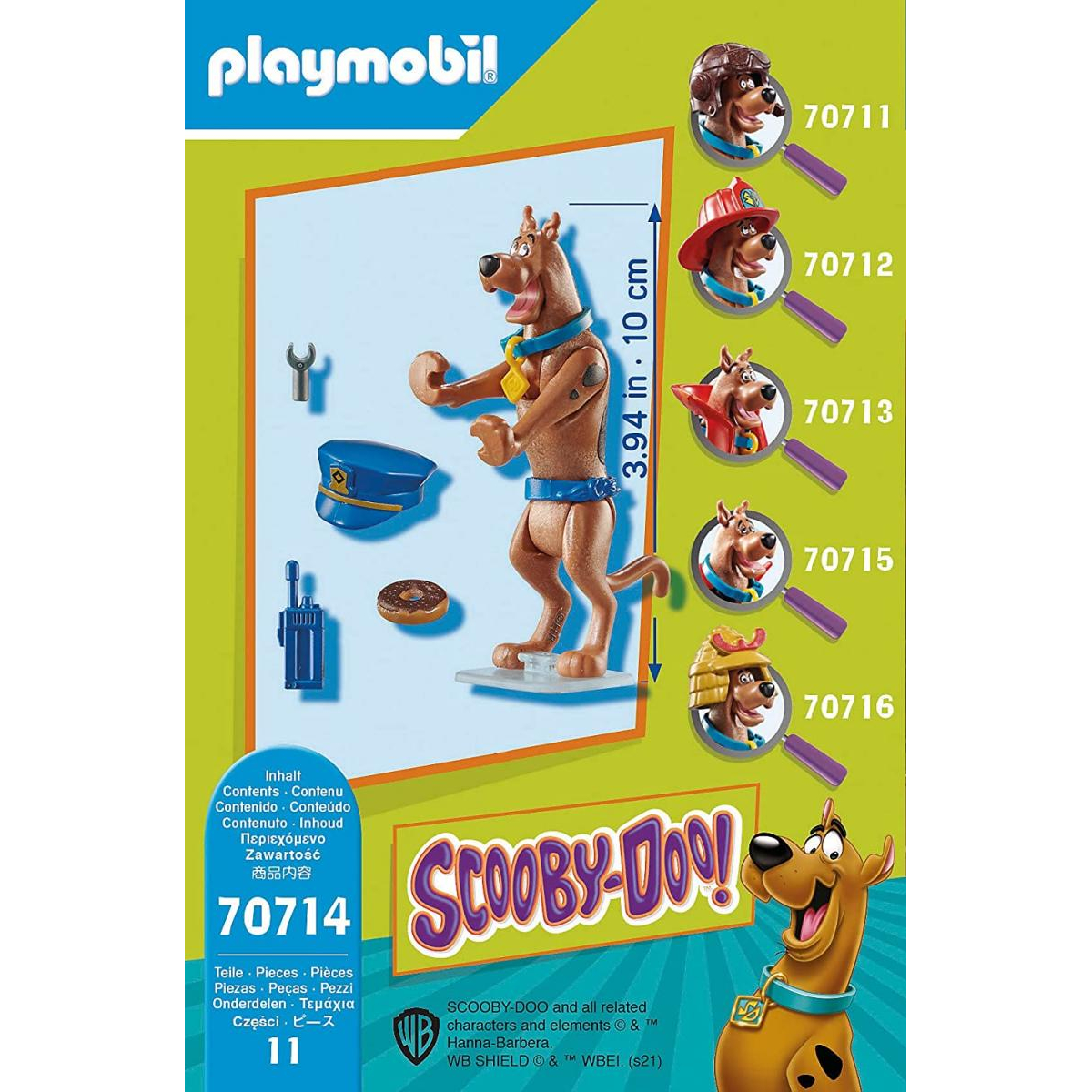Pudełko z zestawem Playmobil Scooby-Doo z Scooby-Doo i obrazami postaci. Białe tło.