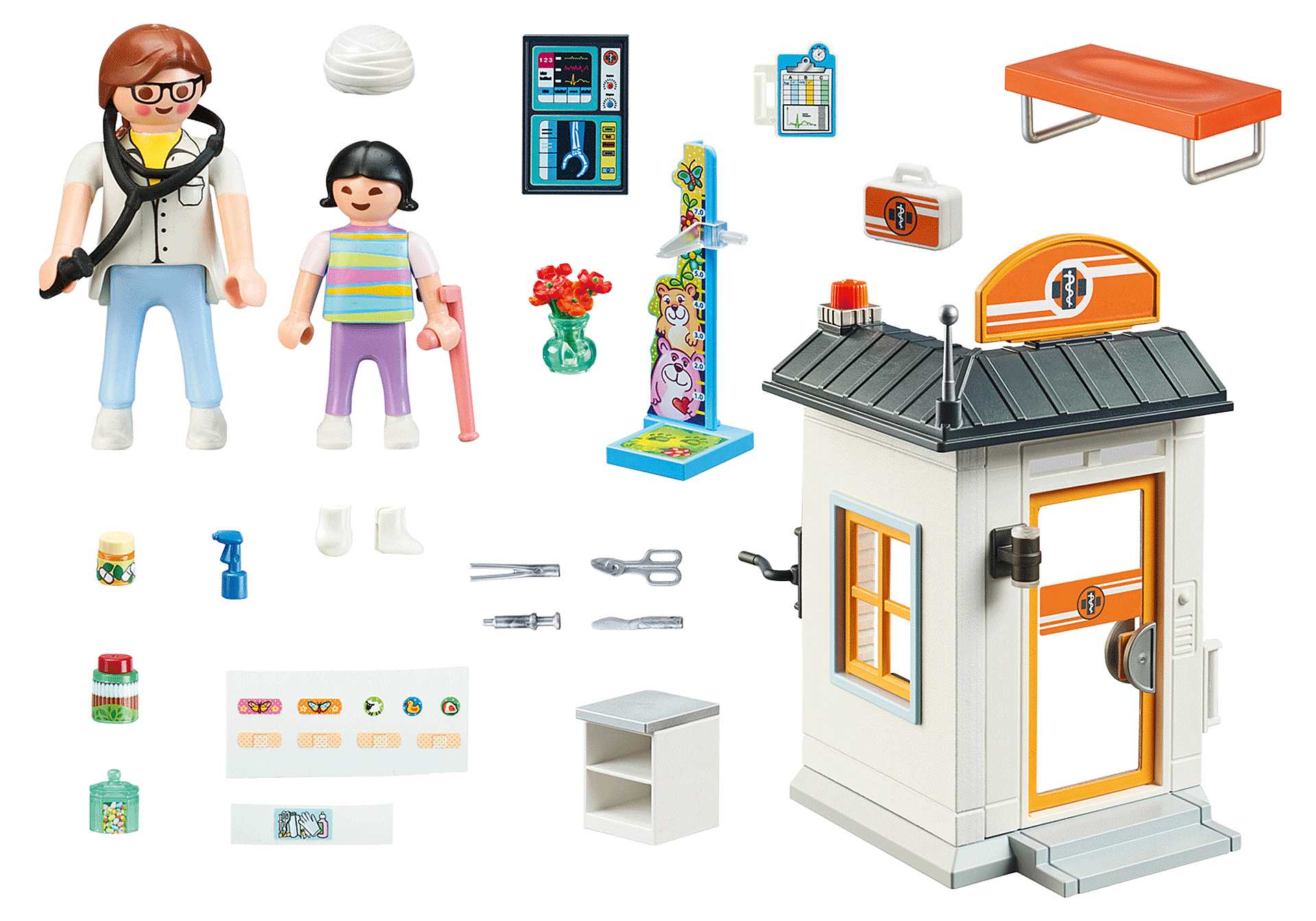 Un ensemble de jeu avec des figurines de médecin et de patient, des outils médicaux et un bâtiment avec une croix orange.
