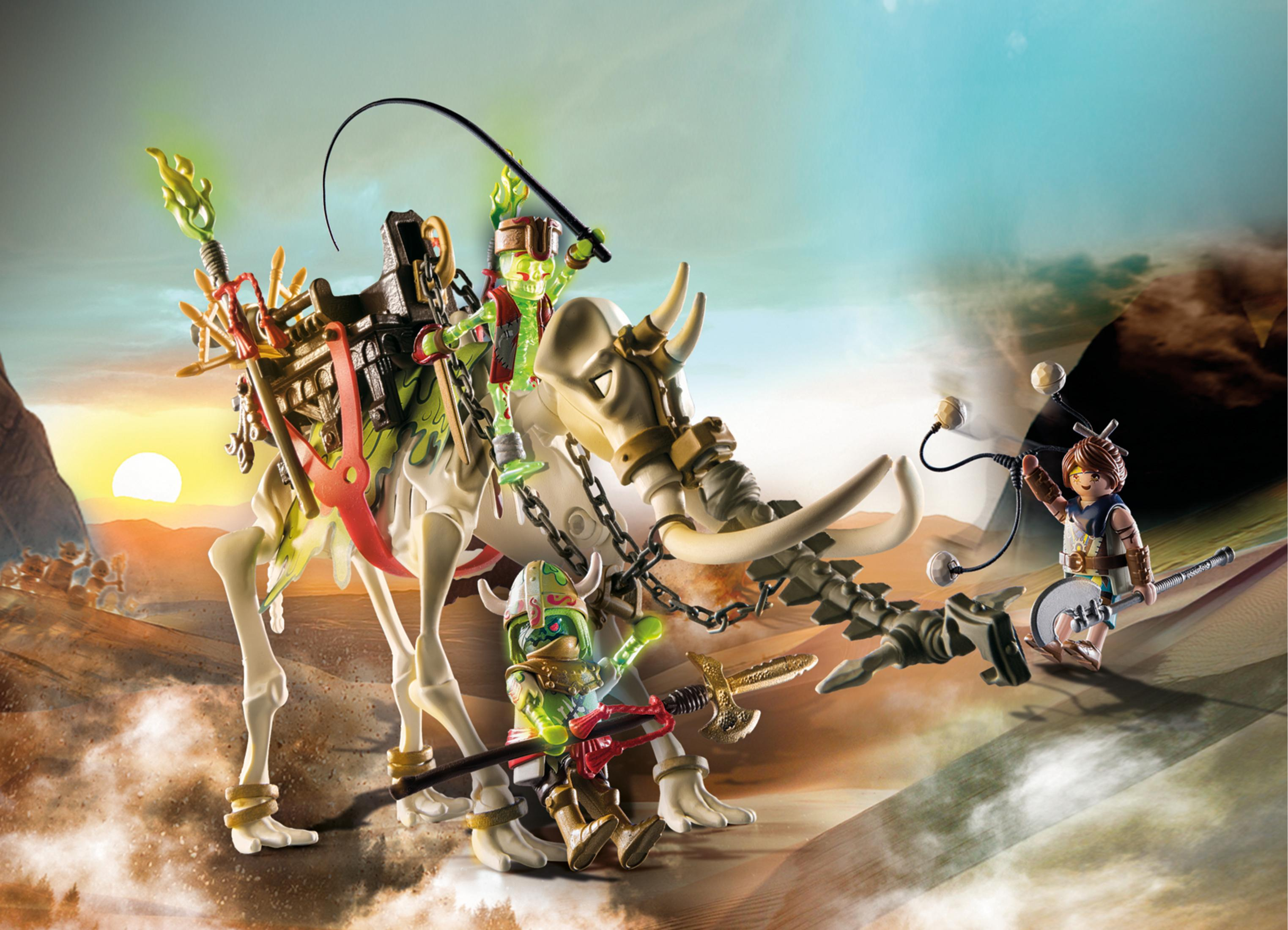 Set Playmobil Novelmore. Personaggi su creature ossee con armi in una scena desertica.