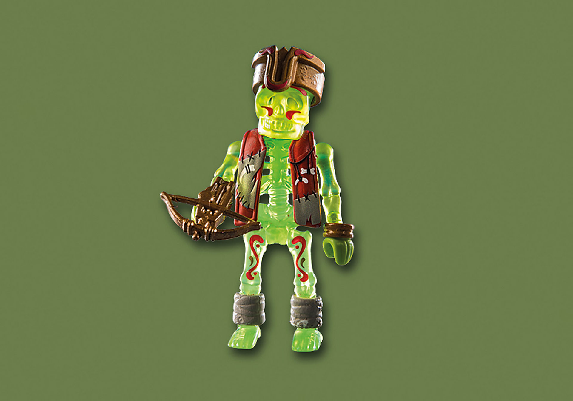 Un personaggio Playmobil zombie con balestra, gilet rosso e corpo scheletrico verde.