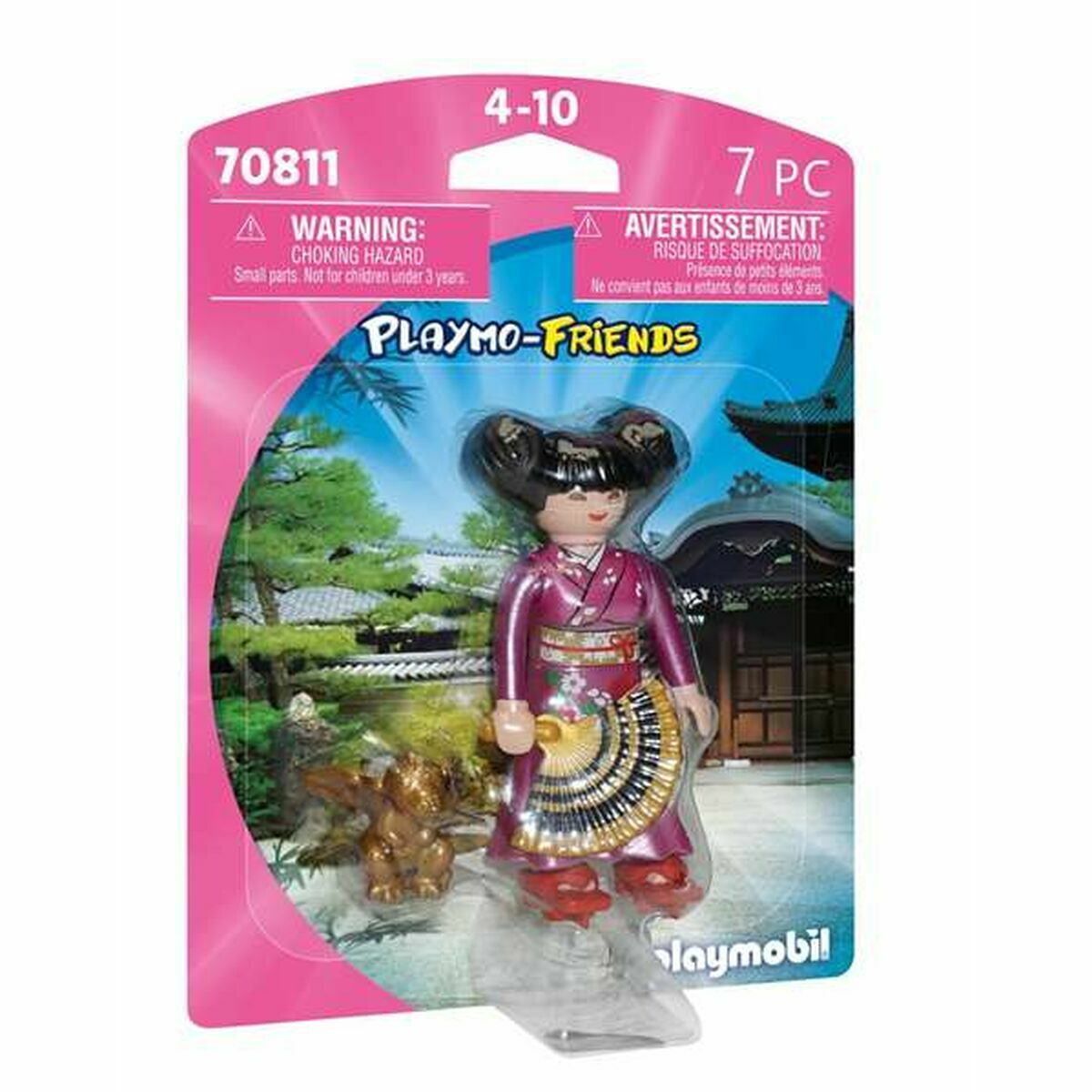 Figurka Playmobil w różowym kimono z wachlarzem i małą złotą statuetką.