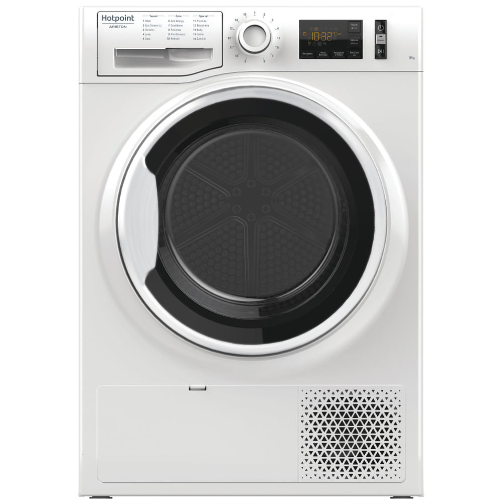 Asciugatrice Hotpoint bianca con display digitale e pannello comandi.
