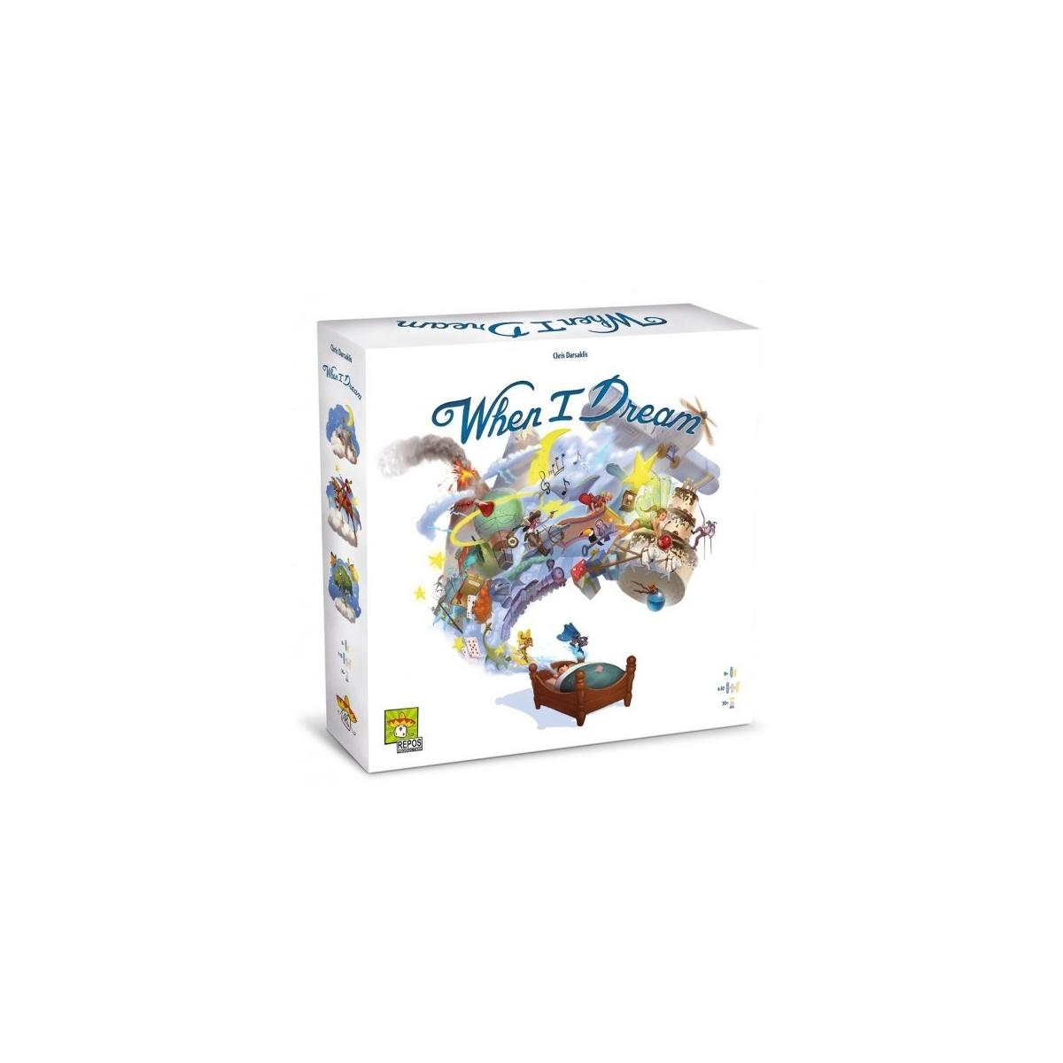 Een bordspeldoos met de titel "When I Dream" met illustraties van dromelementen.