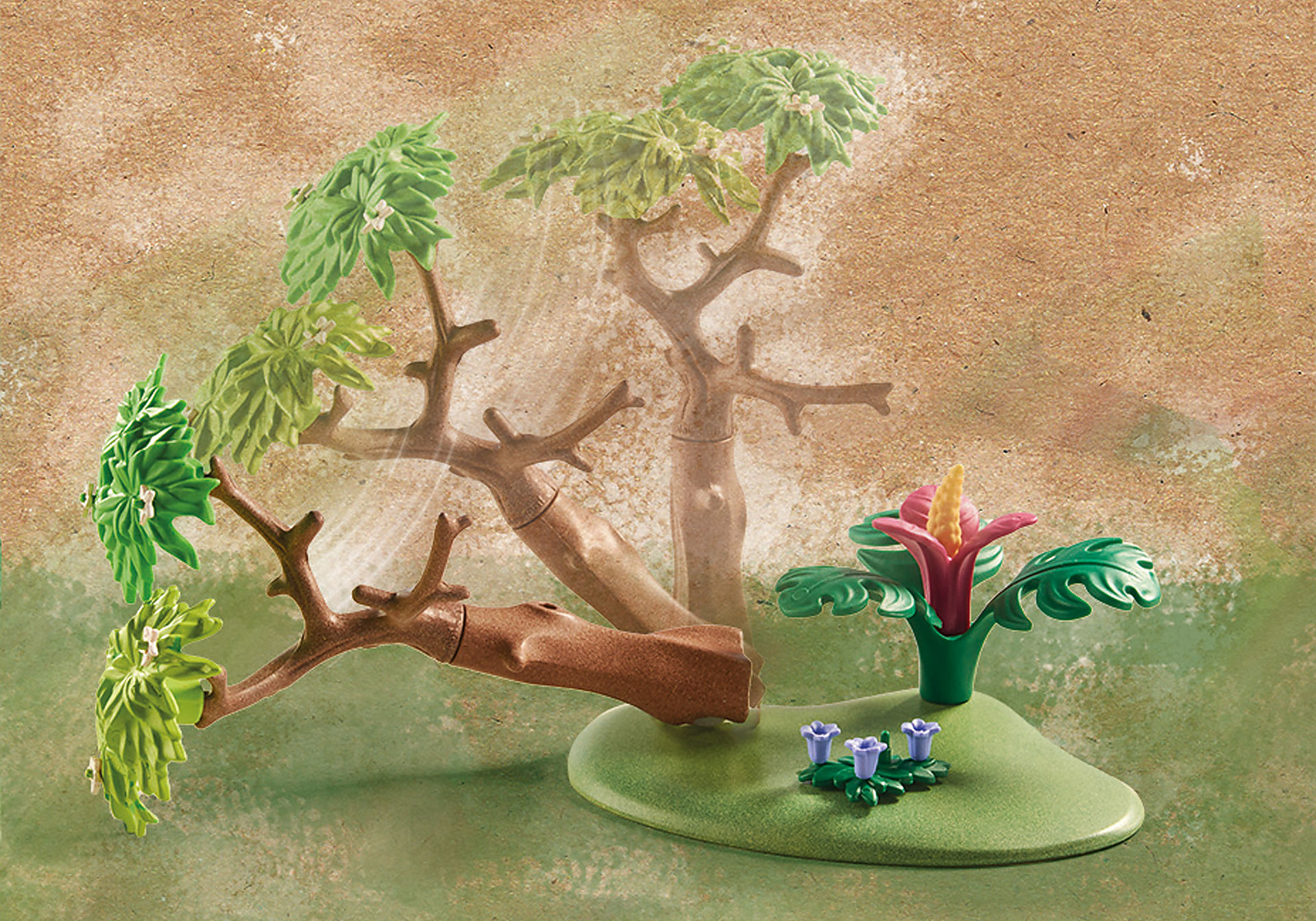 Zabawkowe drzewa i kwiat na zielonej ziemi. Brązowe i zielone kolory.