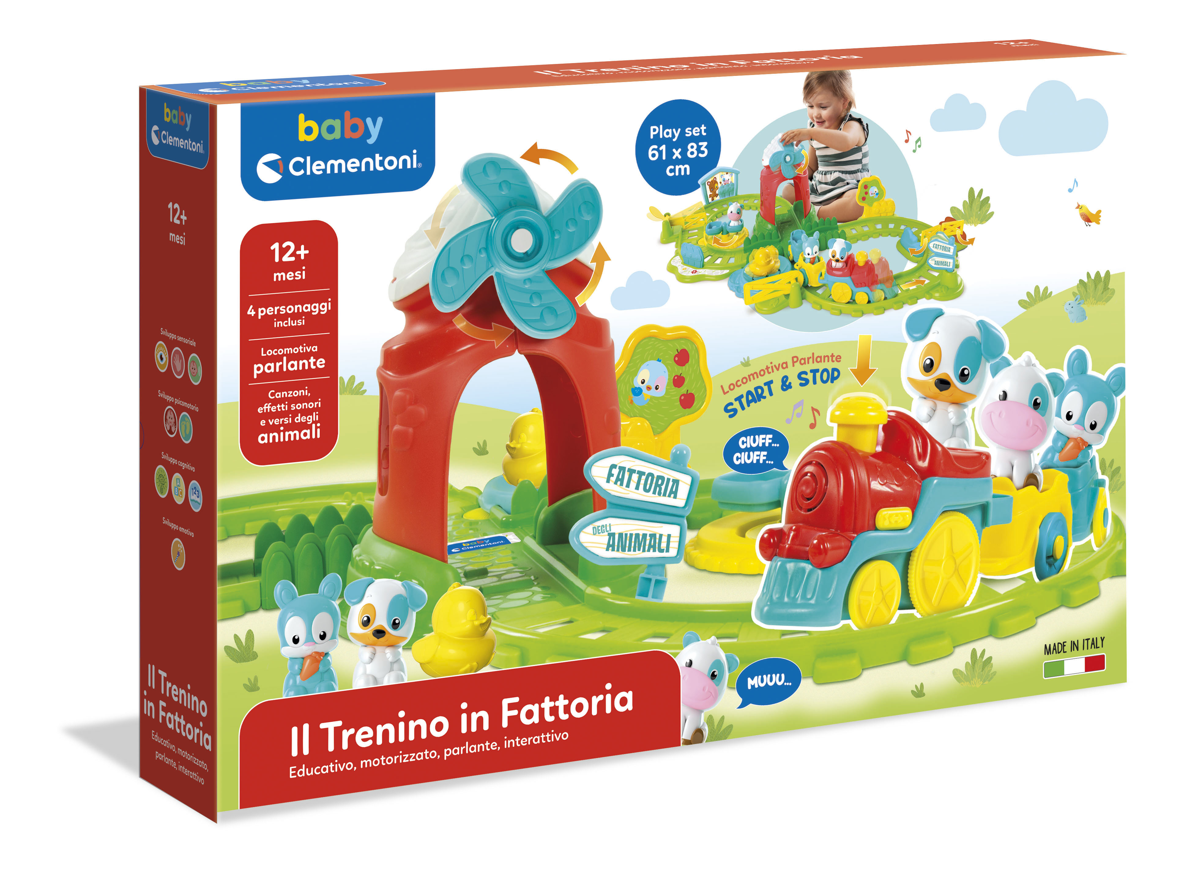 Ein Spielzeug-Zugset. Es zeigt einen roten Zug mit Tierfiguren und eine rote scheunenartige Struktur.