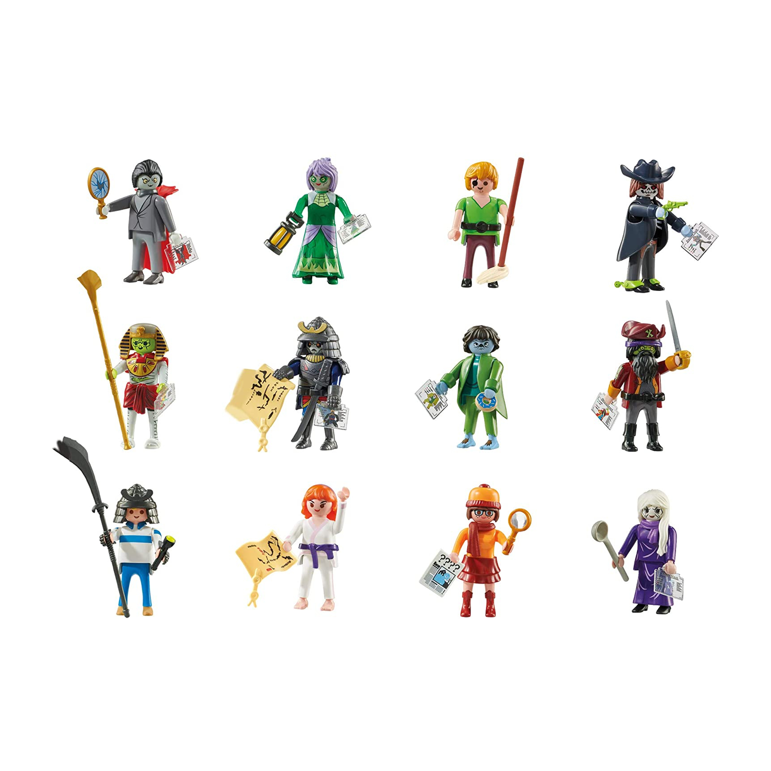 Eine Sammlung von Playmobil-Figuren in verschiedenen Kostümen, darunter ein Pirat, ein Pharao und ein Ninja.