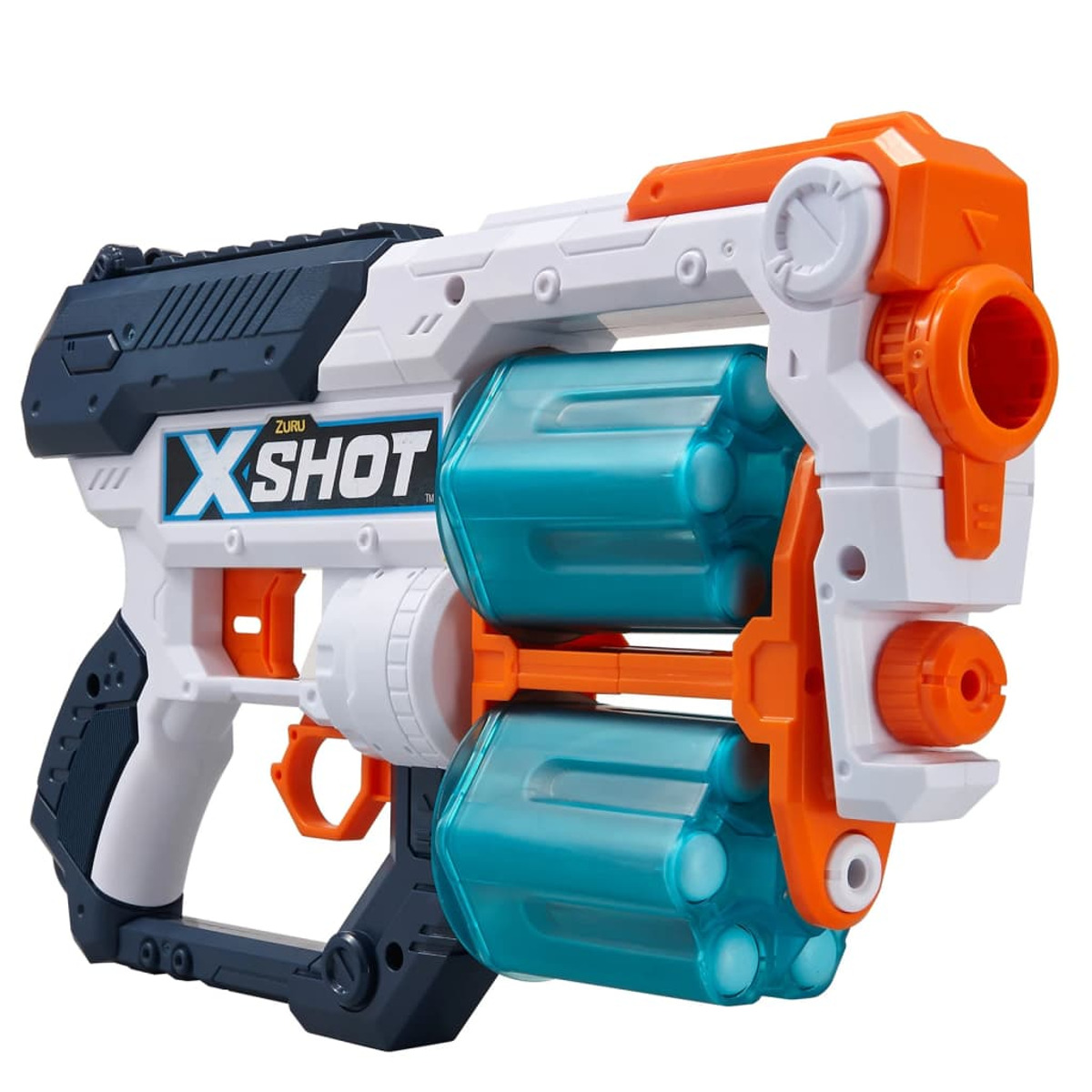 Weiß-blau-orange X-Shot Spielzeugpistole mit mehreren Läufen und einem Abzug.