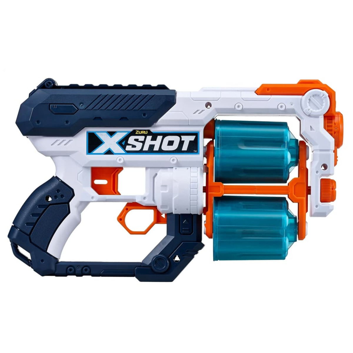 X-Shot Spielzeugpistole, weiß, orange und blau. Hat zwei rotierende Zylinder und einen Griff. Weißer Hintergrund.