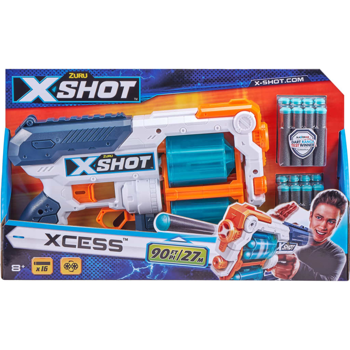 X-Shot Spielzeugpistolenbox, mit Pistole, Munition und einem Bild eines Mannes, der eine ähnliche Pistole hält.