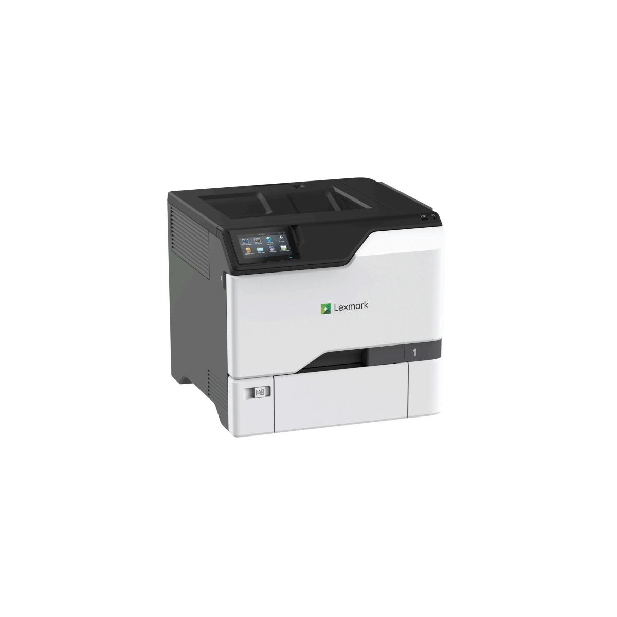 Biało-czarna drukarka Lexmark na białym tle. Drukarka ma mały ekran i podajnik papieru.