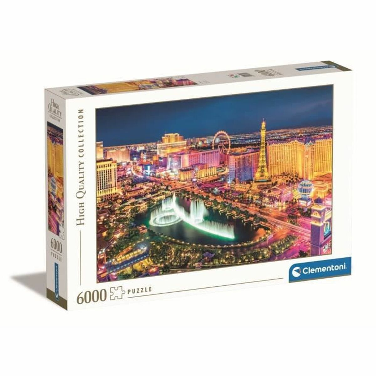 Pudełko z puzzlami z obrazem Vegas. Widoczne budynki, fontanny i diabelski młyn.