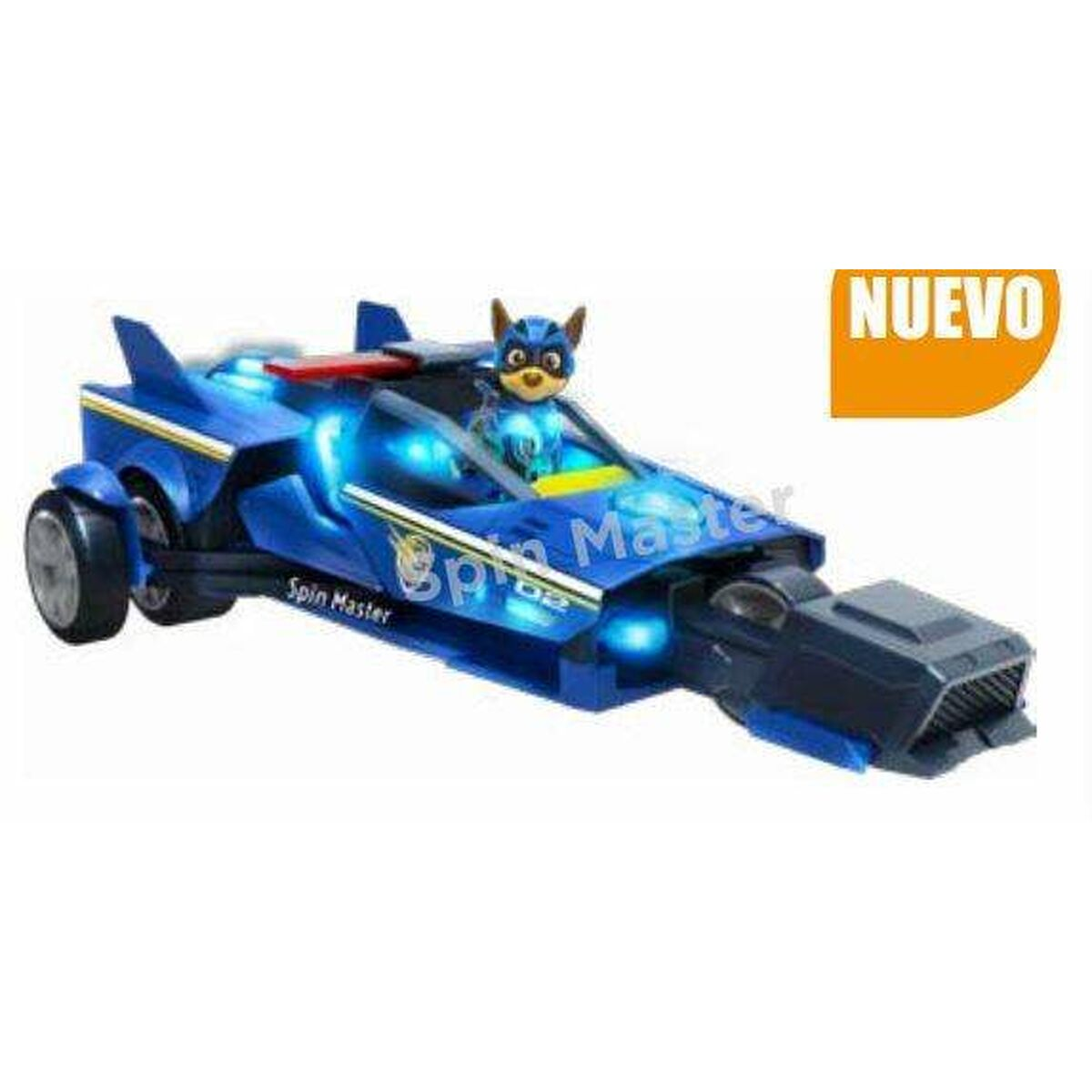 Coche de juguete azul con Chase conduciendo. Tiene luces, ruedas y frontal negro, con.