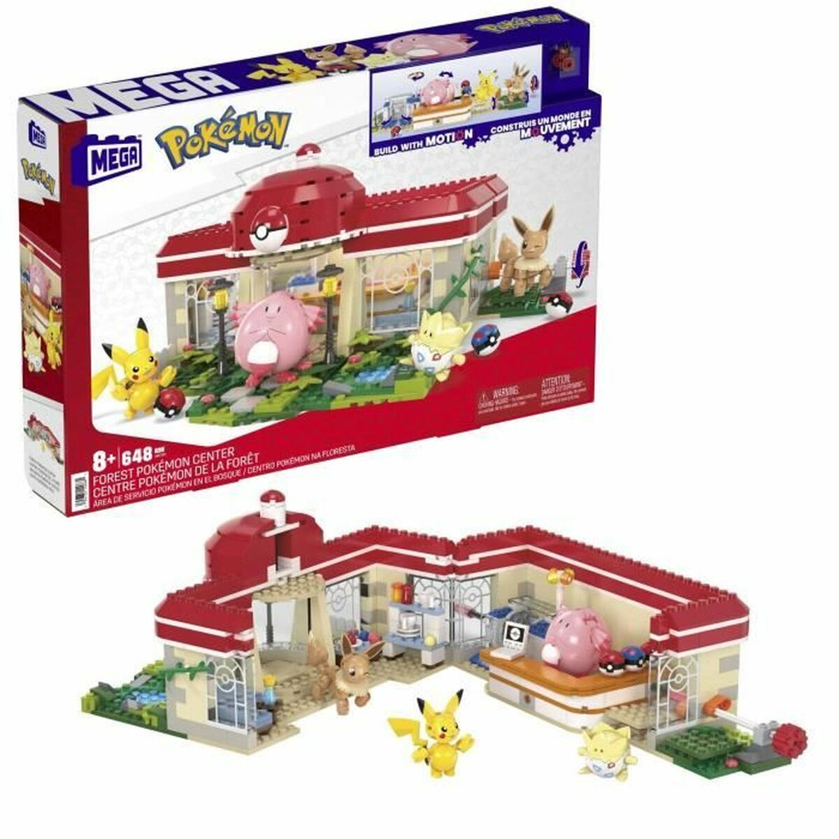 Set di giocattoli Pokémon: edificio con tetto rosso e personaggi Pokémon, tra cui Pikachu, Eevee e Chansey.