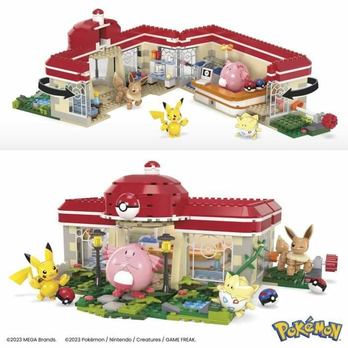 Un set di giocattoli Pokémon con blocchi di costruzione, tra cui un edificio con Pikachu, Eevee e altri personaggi.