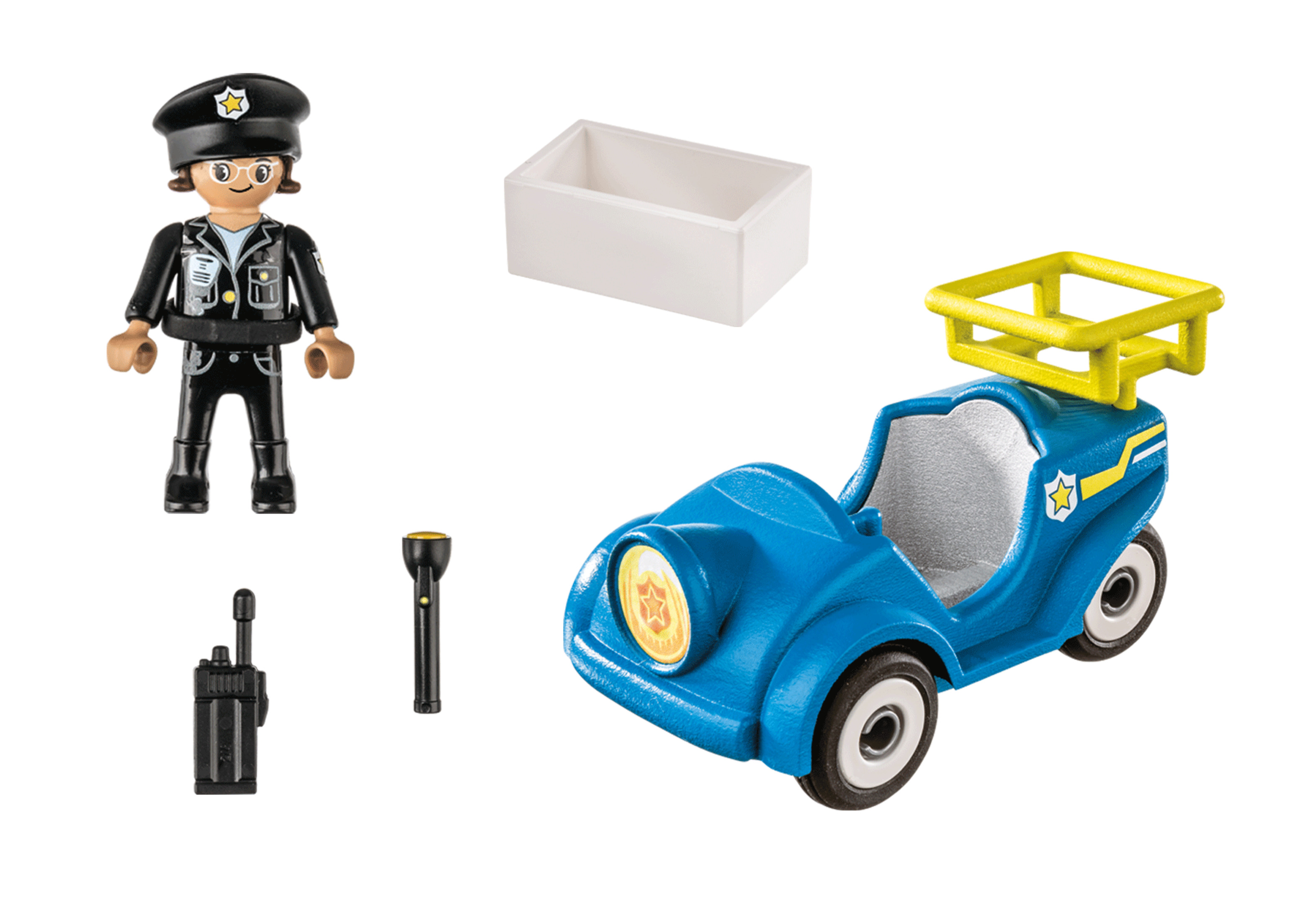 Zestaw zabawek policji Playmobil: figurka policjantki, akcesoria i niebieski radiowóz.