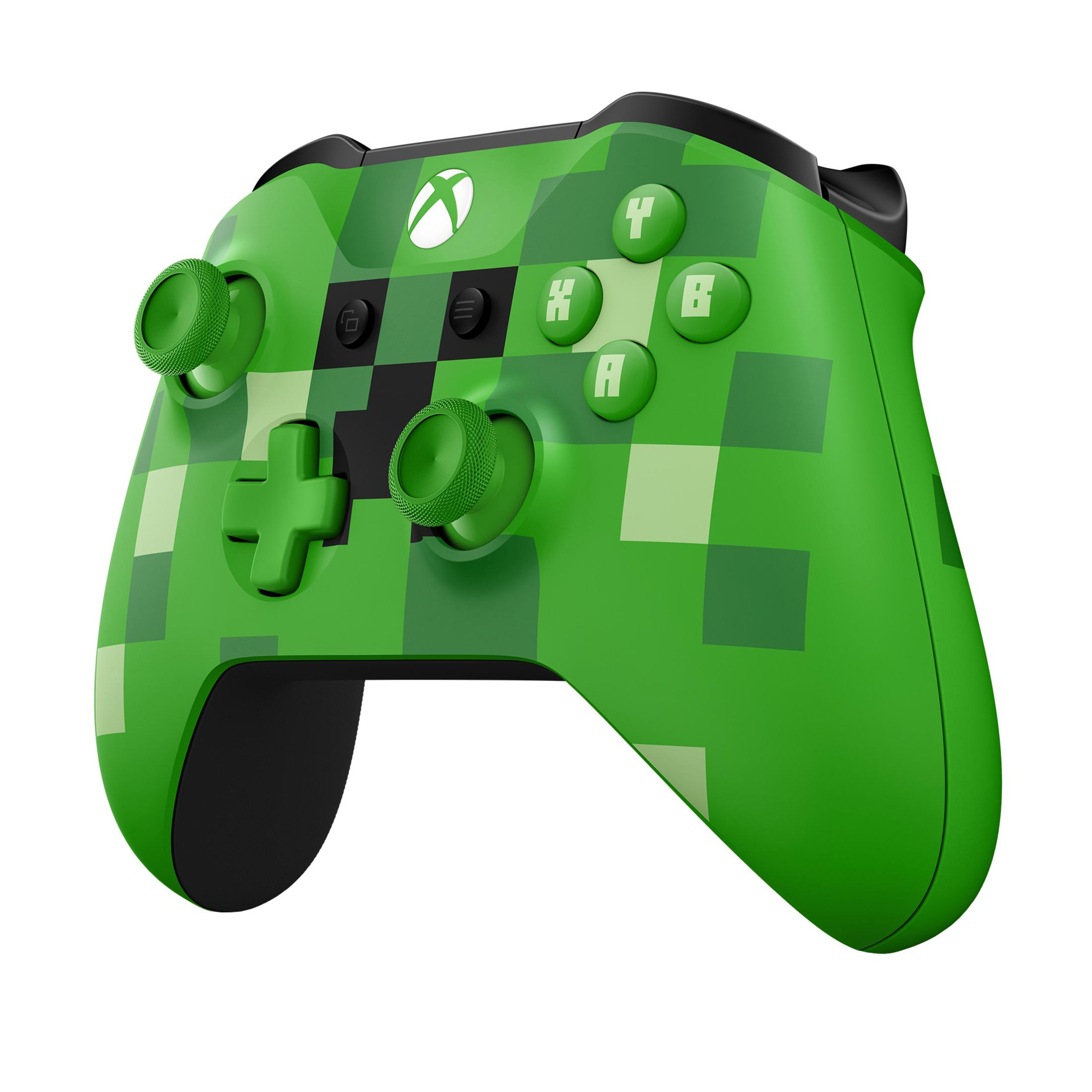 Grüner und schwarzer Minecraft Xbox Controller. Der Controller hat grüne quadratische Muster. Weißes Xbox-Logo.