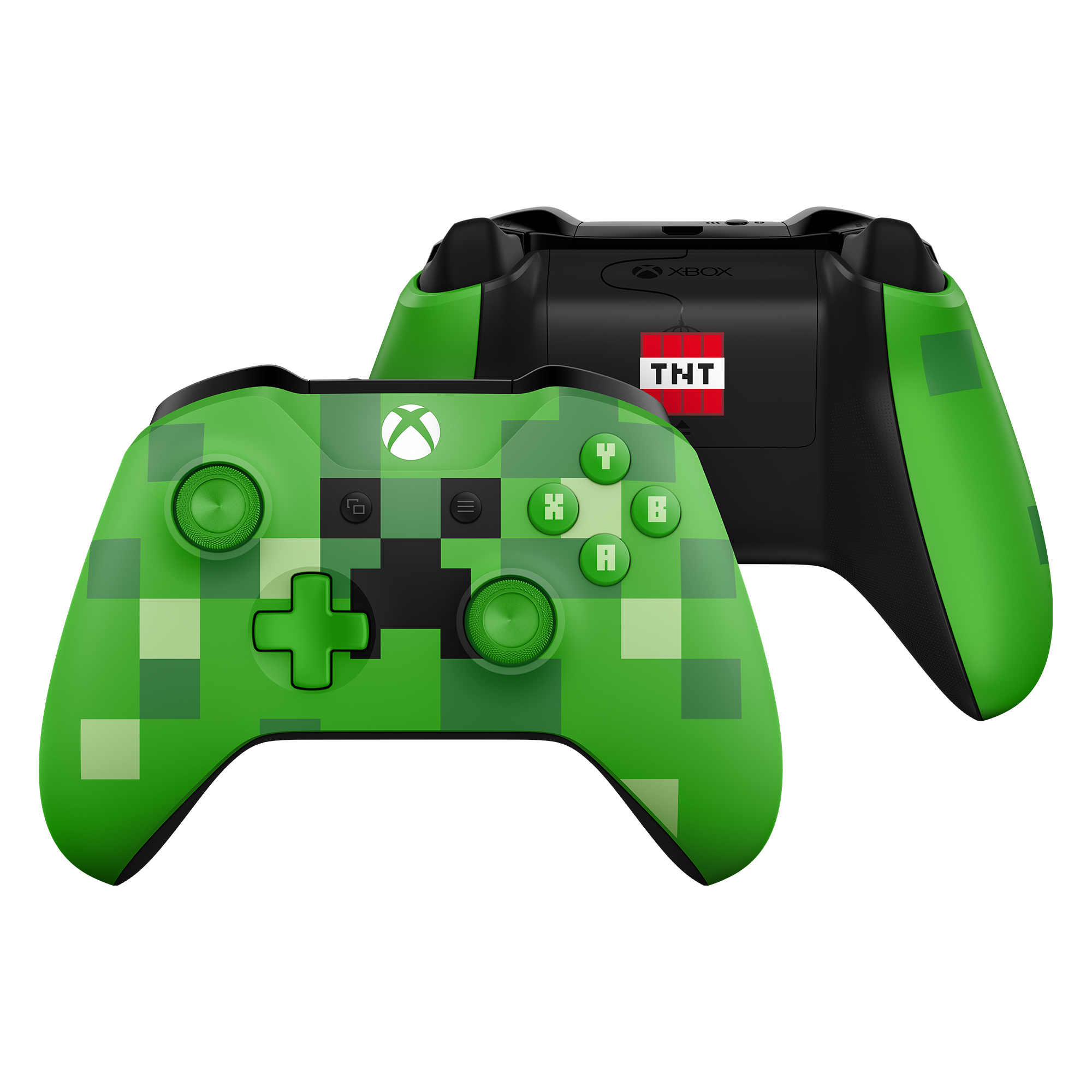Grüner und schwarzer Xbox-Controller mit Minecraft Creeper-Design.