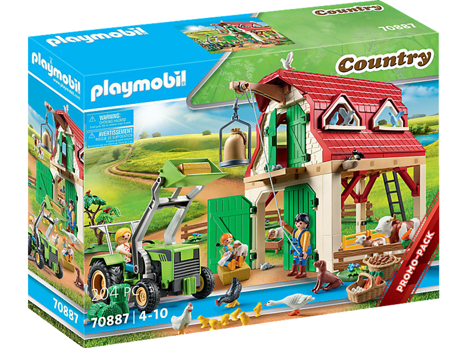 Set fattoria Playmobil con trattore, personaggi e animali. Fienile e campi verdi.