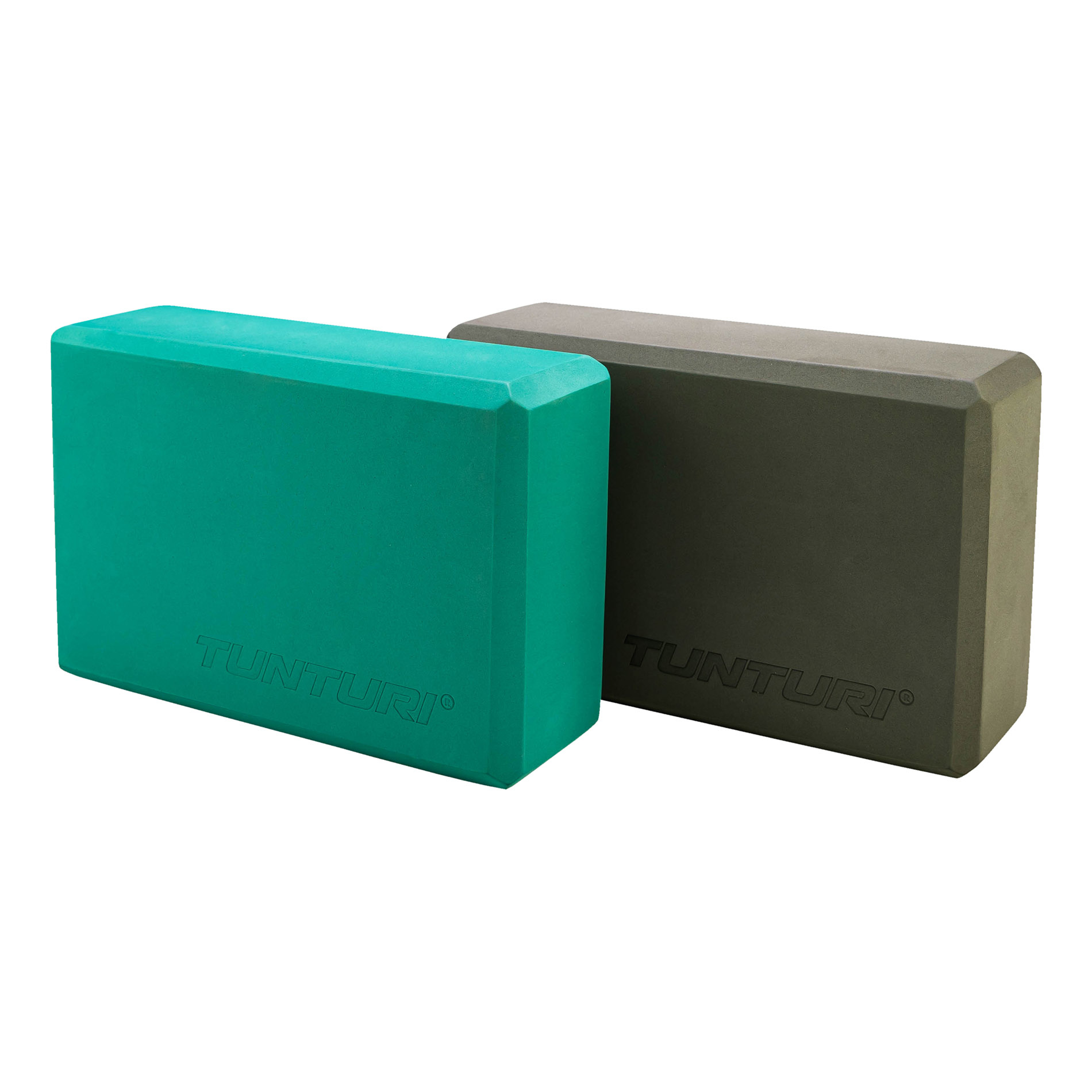 Due blocchi yoga Tunturi, uno verde, uno grigio. Logo Tunturi visibile.