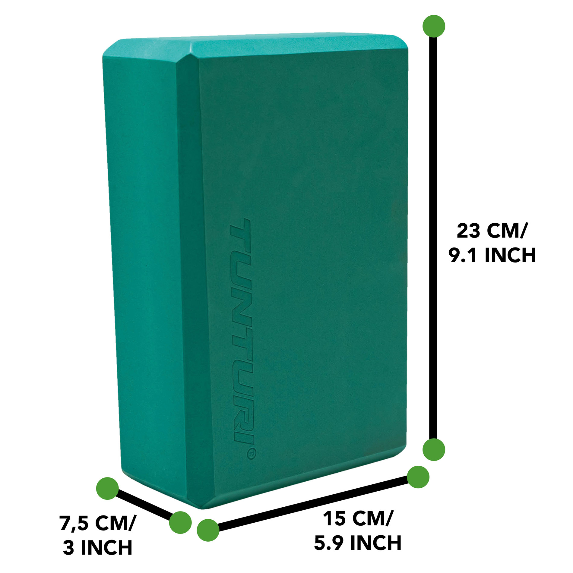 Blocco yoga verde con dimensioni: 23x15x7,5 cm. Logo Tunturi sul fronte.