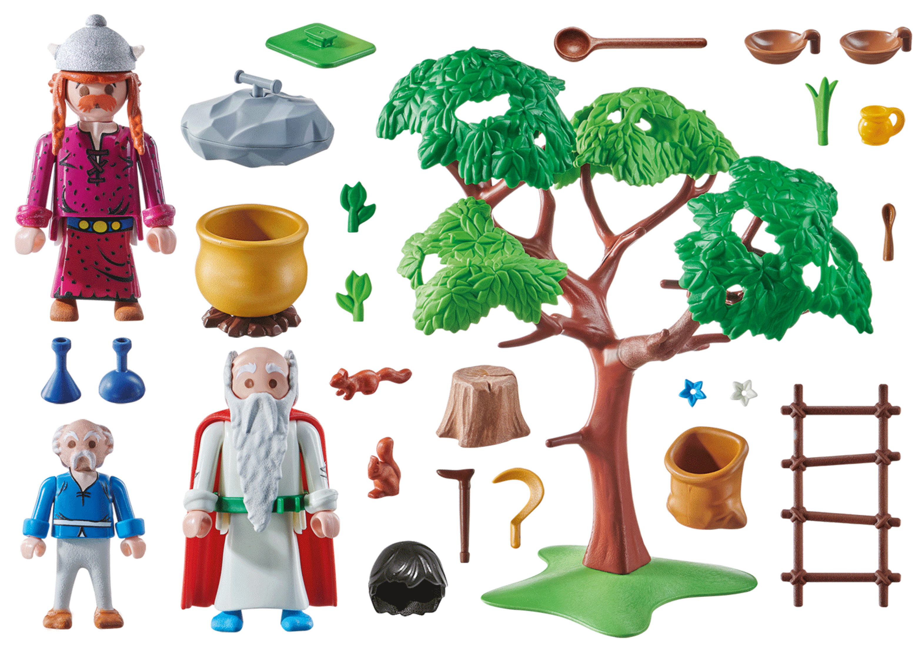 Zestaw Playmobil z figurkami, drzewem, garnkiem i innymi akcesoriami.