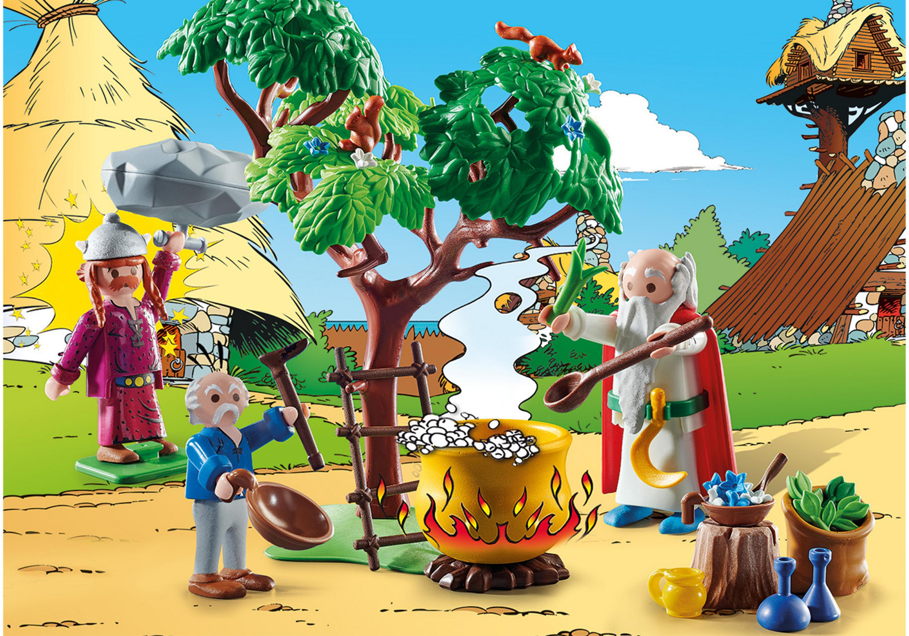 Scena Playmobil Asterix z kilkoma figurkami i kotłem.