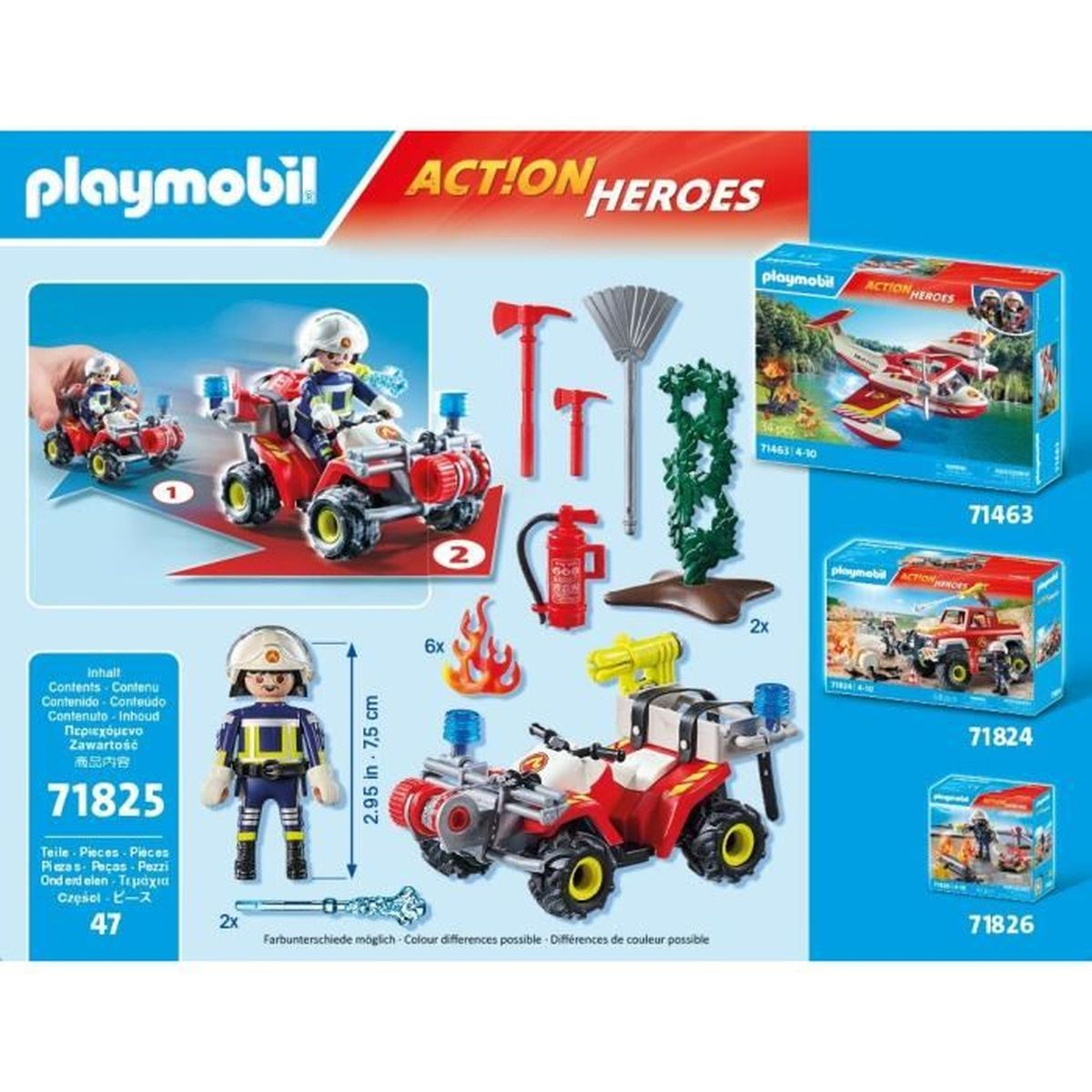 Zestaw Playmobil Action Heroes ze strażakiem na quadzie, figurką strażaka i akcesoriami.