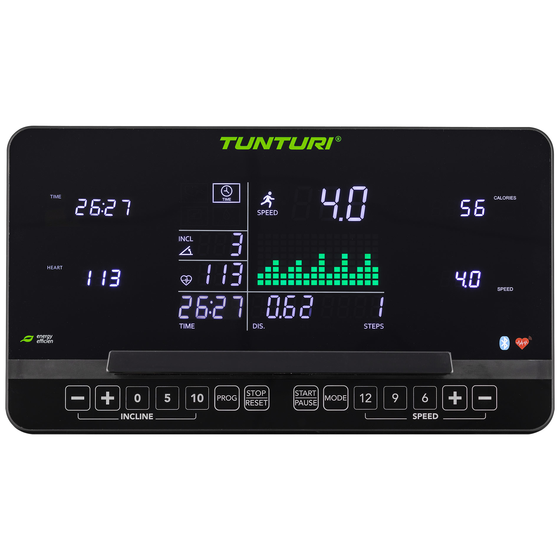 Zwart loopbanddisplay. Toont tijd, snelheid, hartslag, helling, calorieën, afstand en stappen. Knoppen onder het scherm.