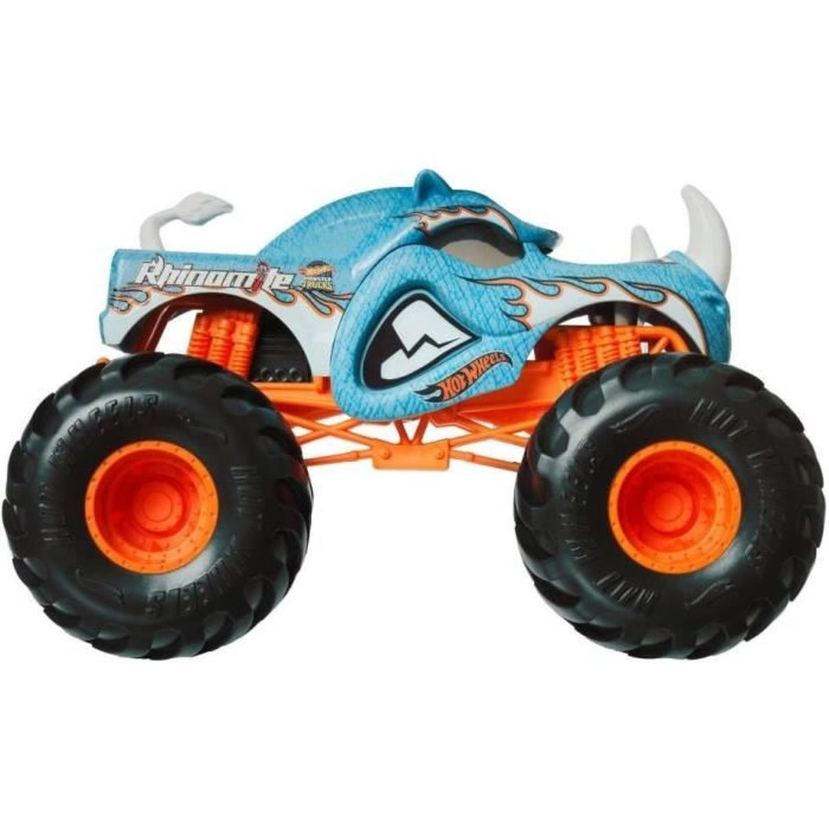 Niebiesko-biała zabawka monster truck z dużymi czarnymi oponami i pomarańczowymi akcentami.