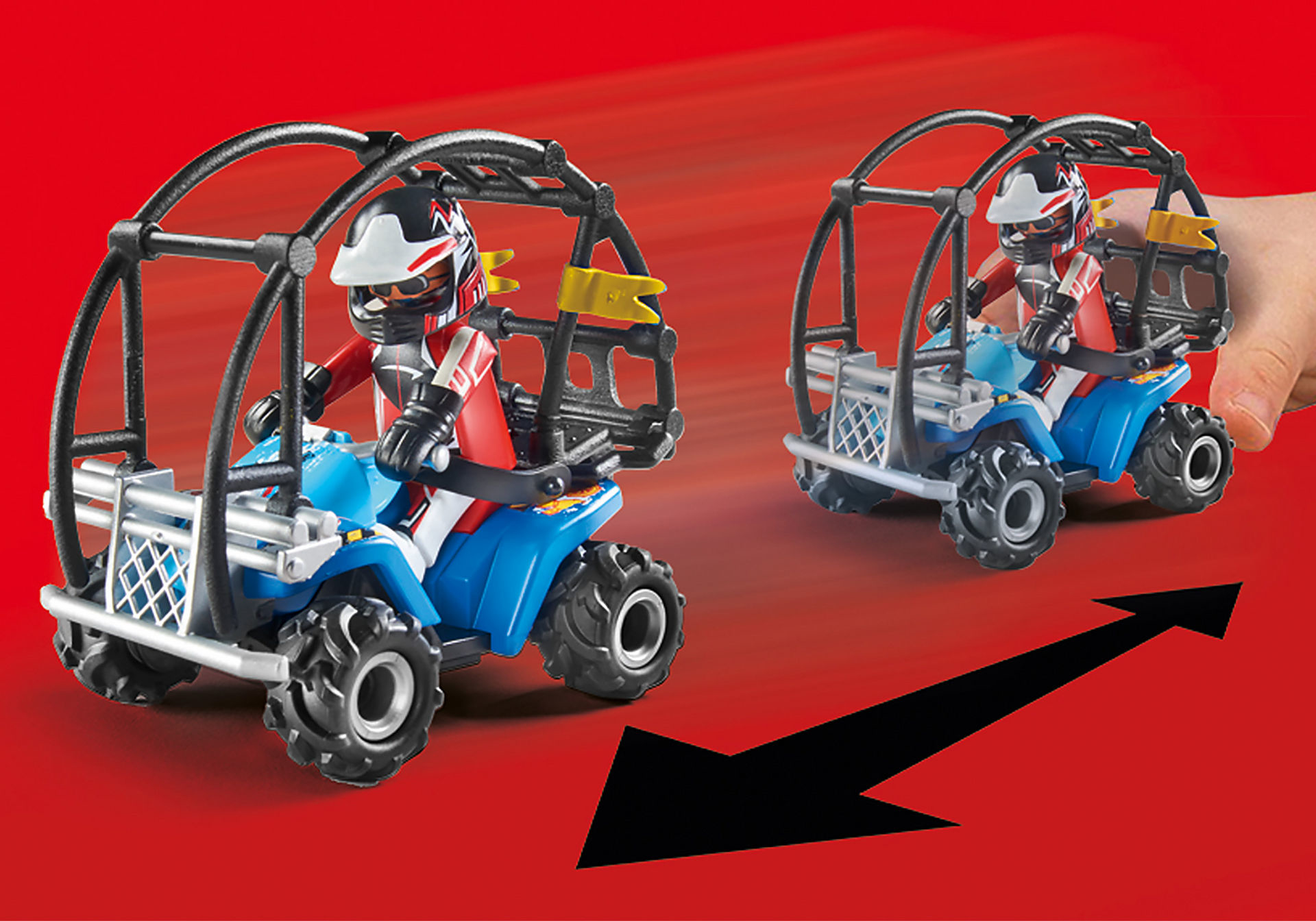 Scena z zabawkami z dwoma quadami, jeźdźcami i strzałką kierunkową na czerwonym tle.