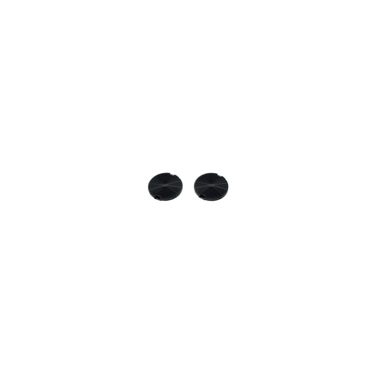 Two black, circular objects on a white background.
